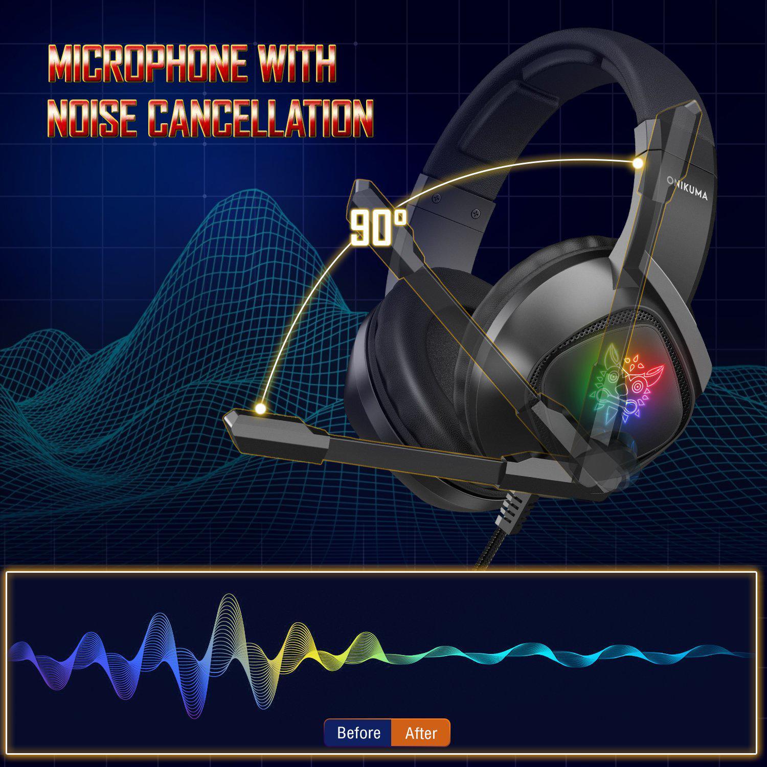 ONIKUMA K19 Professional Gaming Headset with RGB LED Lights - Noise Cancelling Mic, Comfortable Ear Cushions for PC, PS4, Xbox - Perfect for FPS Games & Late Night Gaming Sessions