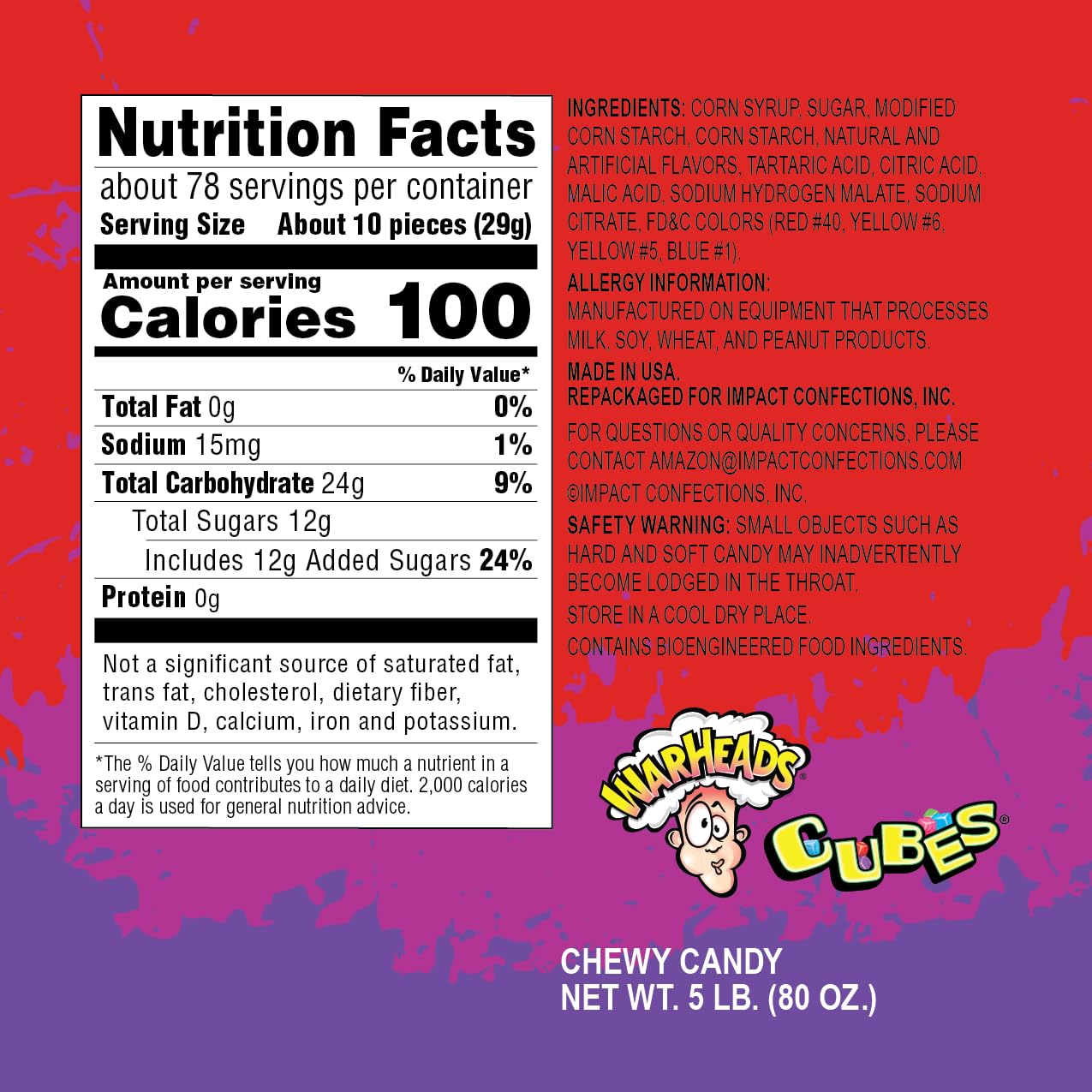 WARHEADS Sour Chewy Candy Cubes - Assorted Fruit Flavors (Orange, Watermelon, Blue Raspberry, Black Cherry, Strawberry, Green Apple) - 5 lb Bulk Bag - Perfect for Parties, Movie Nights & Office Snacks