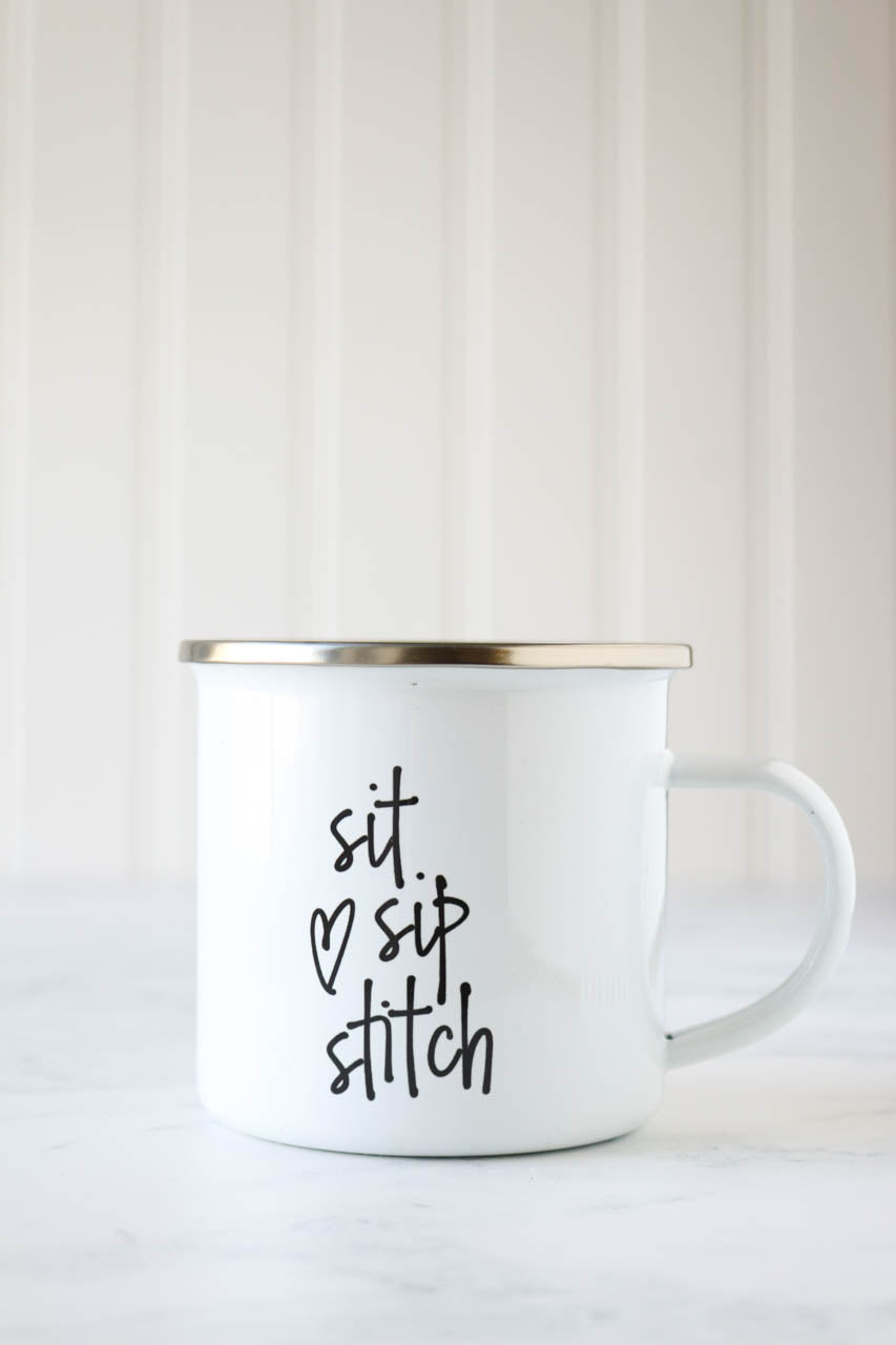 Sit Sip Stitch Enamel Camp Mug - Durable Coffee Cup for Outdoor Camping, Hiking & Picnics - Perfect for Hot & Cold Beverages