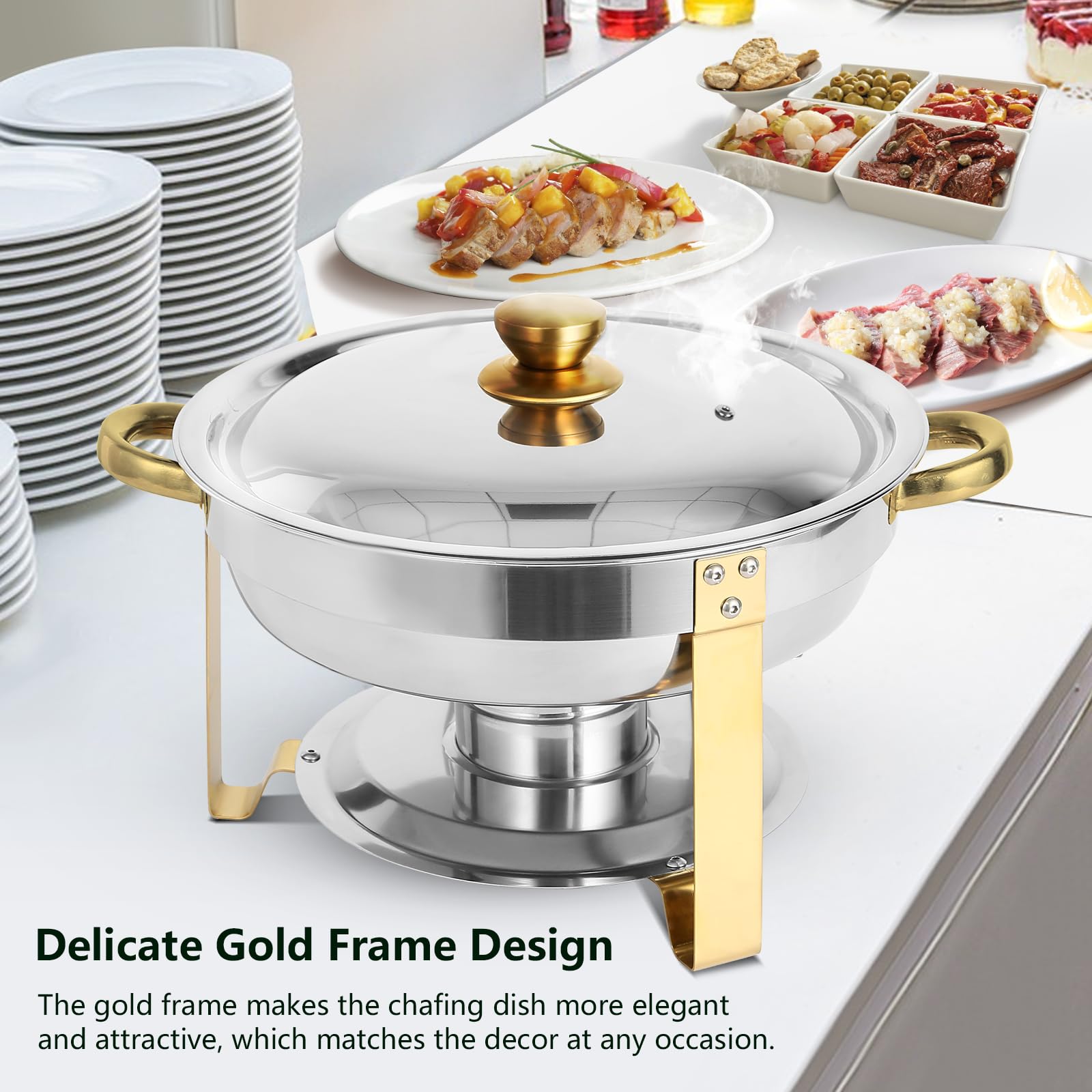 2-Pack 5QT Stainless Steel Chafing Dish Buffet Set with Food & Water Pan, Gold Frame & Fuel Holder - Perfect for Catering, Party, Wedding, Holiday Buffets & Events