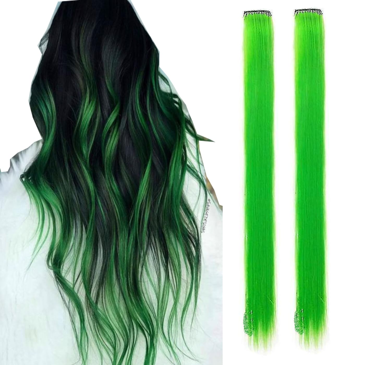 Verbier Straight Colored Hair Streak Extensions - 2-Pack Green Highlighting Hair Strips for Women & Girls | Perfect for Parties, Cosplay & Festival Hairstyles