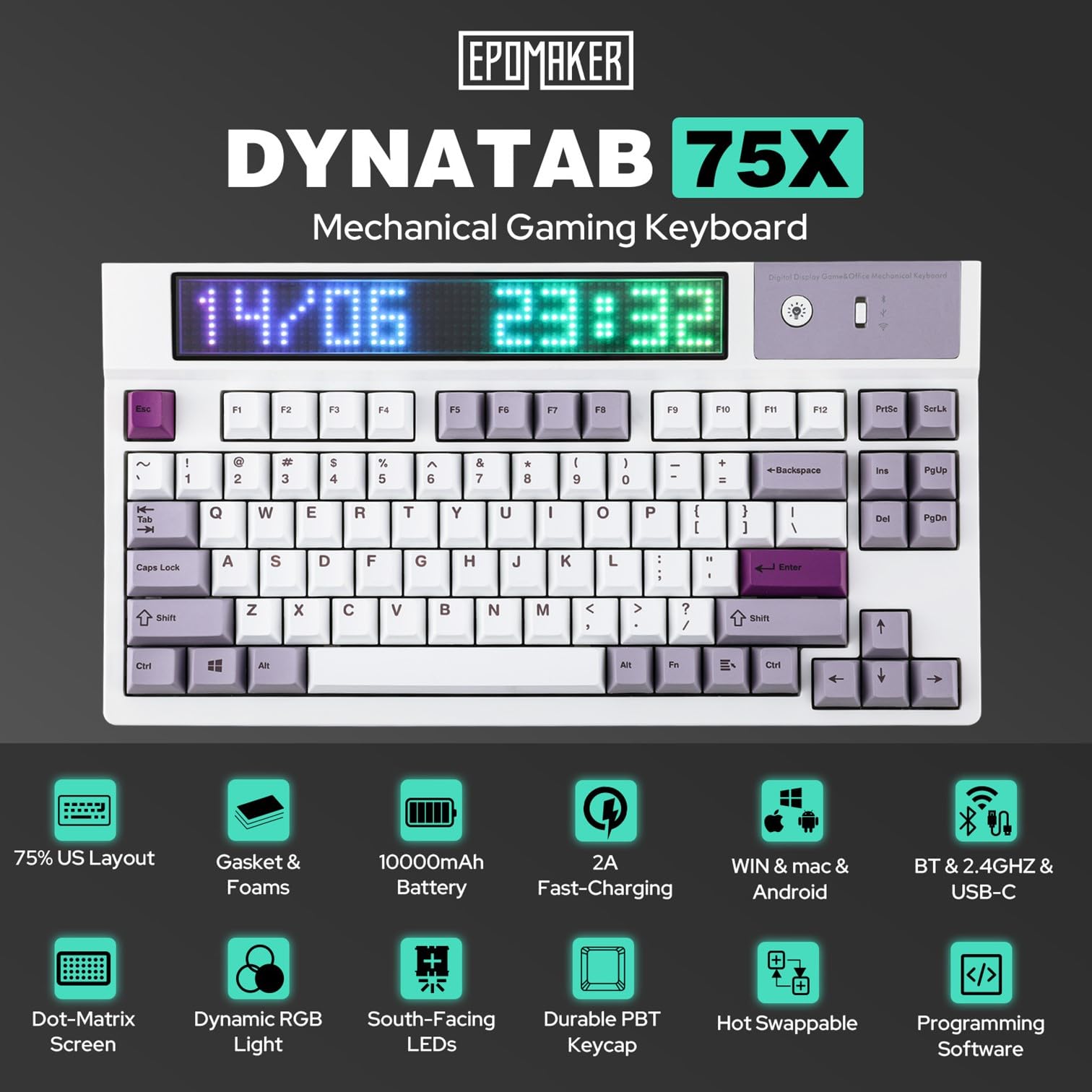 EPOMAKER DynaTab 75X Wireless Mechanical Gaming Keyboard - Custom Dot-Matrix RGB LED Screen, Gasket Mount, Bluetooth/2.4G/USB-C Connectivity (White Purple, Wisteria Linear Switch) - Perfect for PC Gaming, Office Work & Streaming Setup