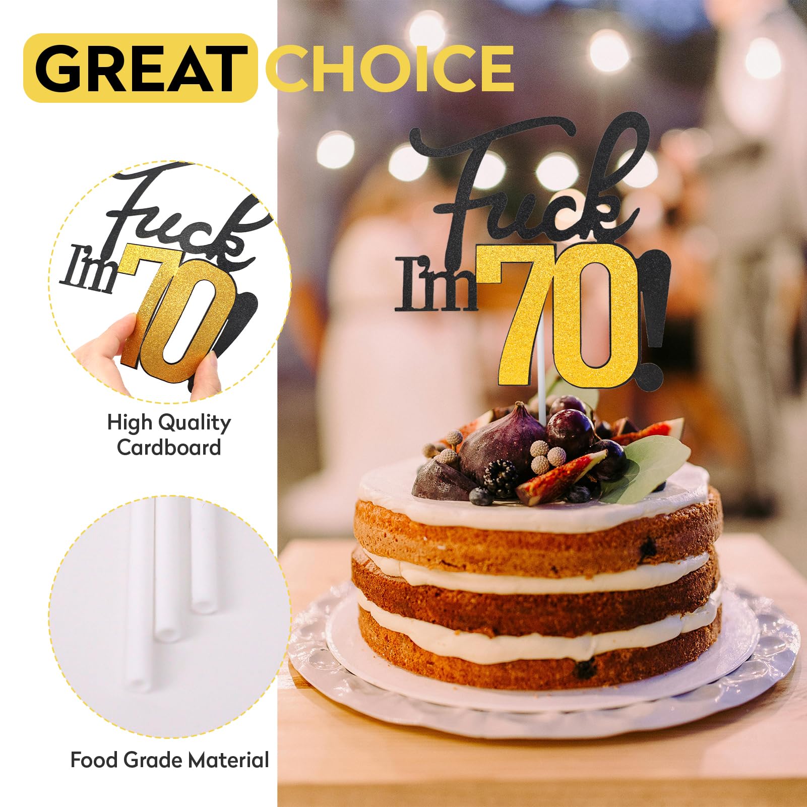 70th Birthday Cake Topper - Black & Gold Glitter Party Decor for Men & Women | Funny 70th Birthday Decorations | Cake Topper for Anniversary Celebrations & Milestone Parties