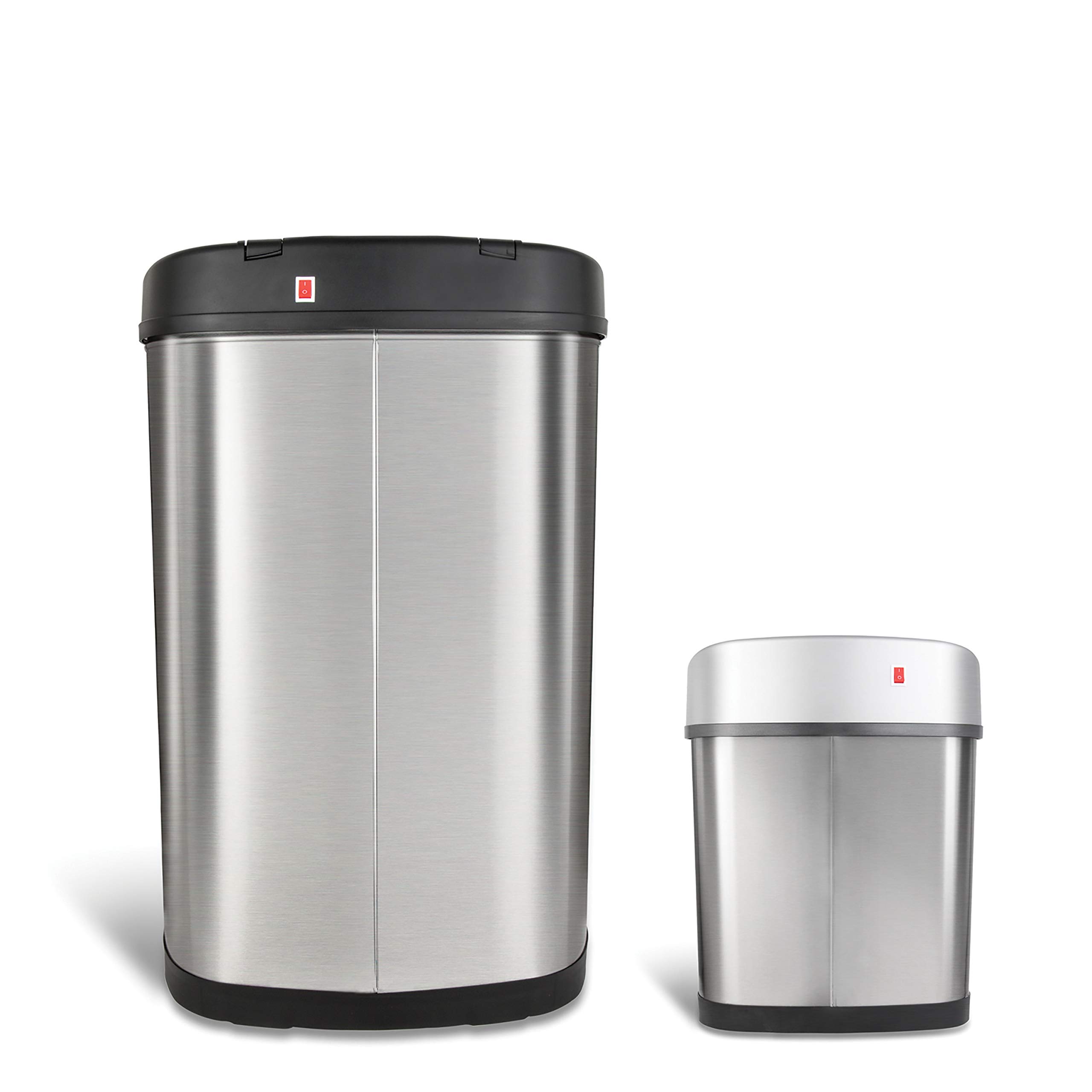 NINESTARS Automatic Touchless Infrared Motion Sensor Trash Can Combo Set - 13 Gal (50L) & 3 Gal (12L) Stainless Steel Base with Silver/Black Lid, Oval Shape - Perfect for Kitchen, Bathroom, Office & Home Use
