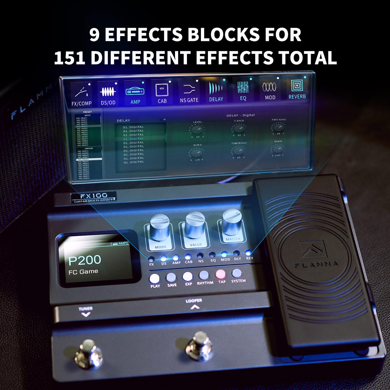 FLAMMA FX100 Guitar Multi-Effects Pedal with 55 Amp Models, 151 Built-in Effects, 80s Looper & 40 Drum Machine – Perfect for Home Practice, Live Performance & Music Streaming (10 IR Slots, Headphone/OTG Output)