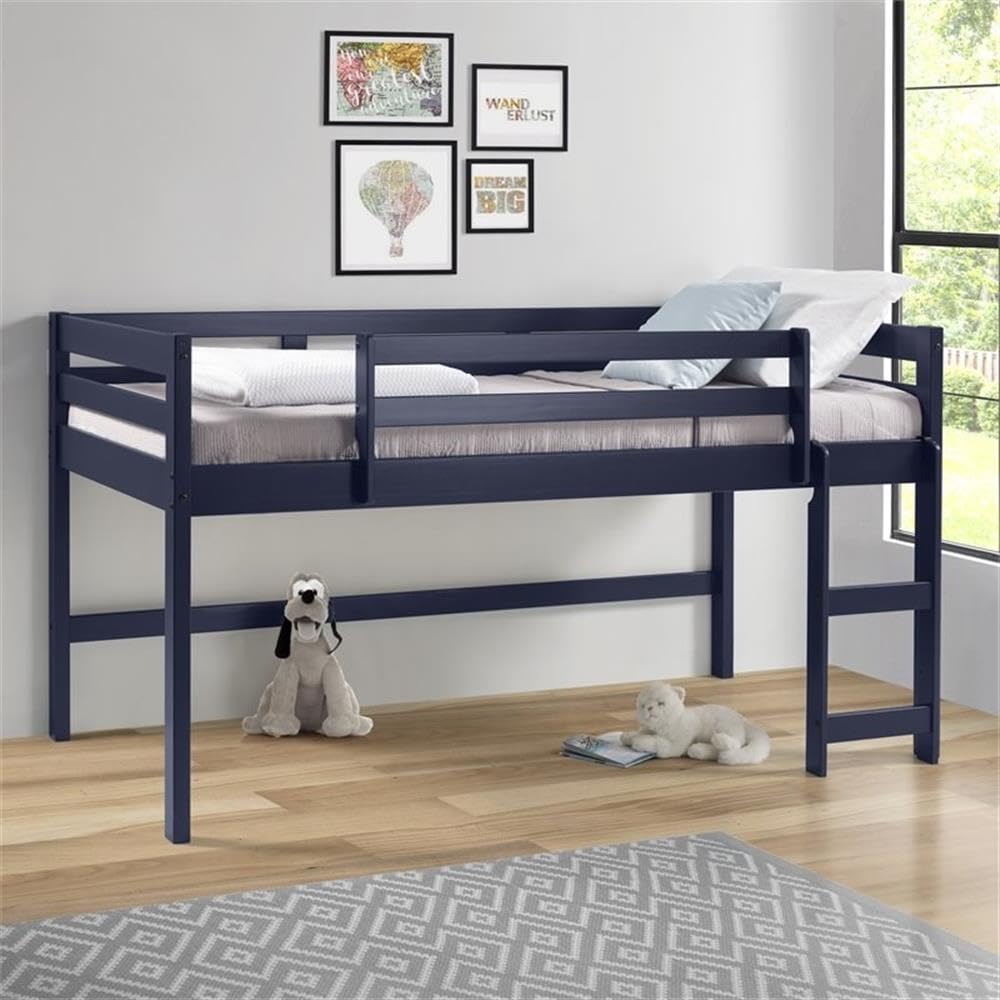 Acme Lara Twin Wooden Loft Bed with Guard Rail & Ladder - Navy Blue Space-Saving Kids Bedroom Furniture for Small Rooms & Dorm Rooms