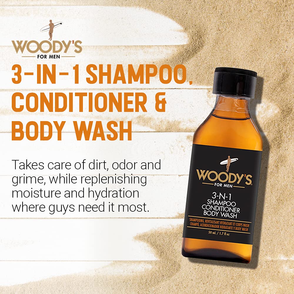 Woody's Men's 3-in-1 Shampoo, Conditioner & Body Wash with Marine Extracts, Cucumber & Aloe Vera - Travel Size 1.7 Fl Oz - Multipurpose Cleanser for Gym, Travel & Daily Use