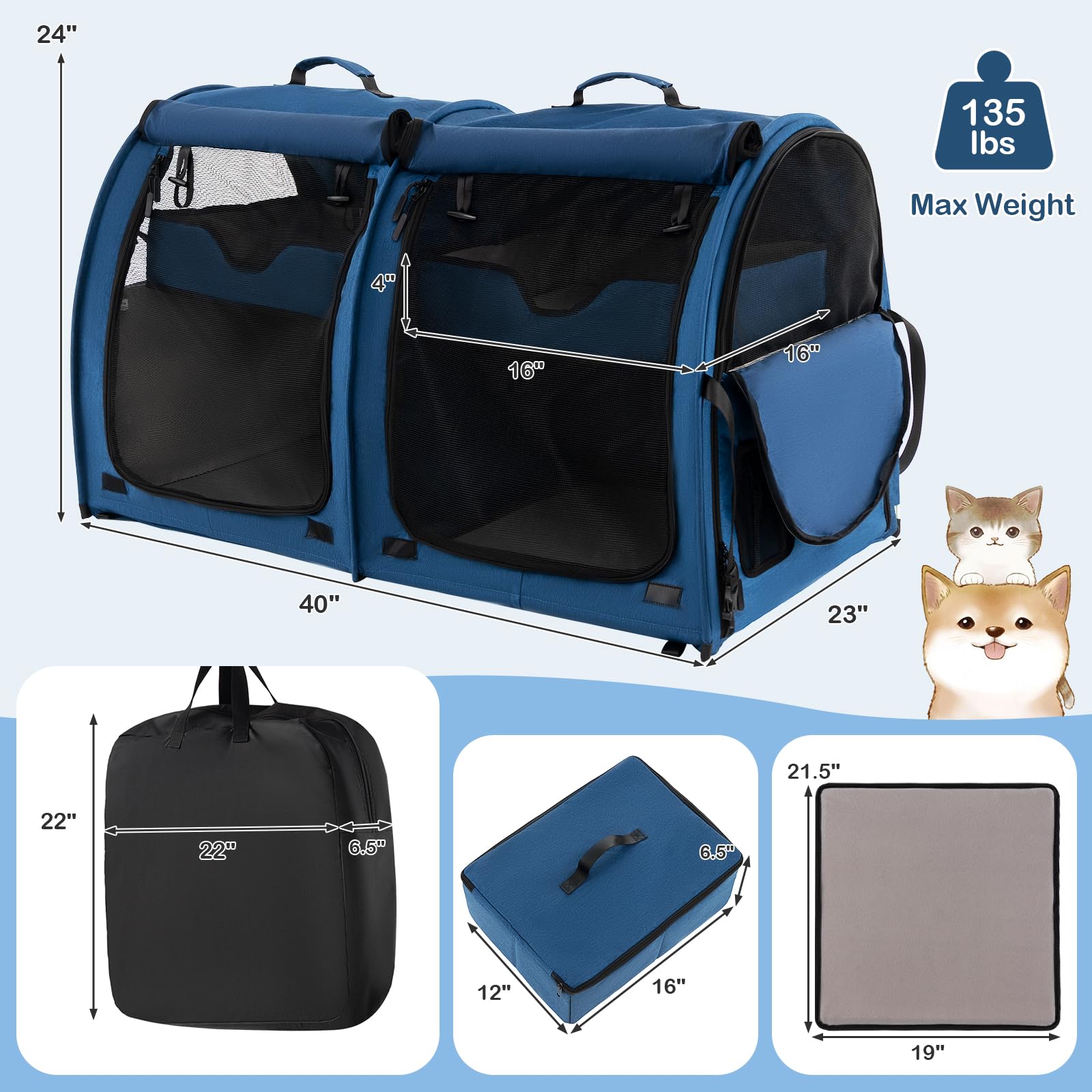 **40 Inch Large Cat Carrier with Double Compartments - Portable Soft-Sided Pet Kennel for Cats & Small Dogs - Includes 2 Removable Hammocks, Dual-Use Mats & Litter Box - Travel Carrier with Carry Bag & Ground Stakes (Navy Blue) - Perfect for Air Travel, Road Trips & Vet Visits**