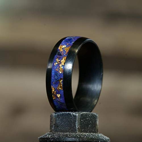 Men's Carbon Fiber Ring with Amethyst & Lapis Lazuli - Gold Leaf Inlay Black Wedding Band - Custom Laser Engraved - Perfect for Anniversary, Engagement & Unique Gifts