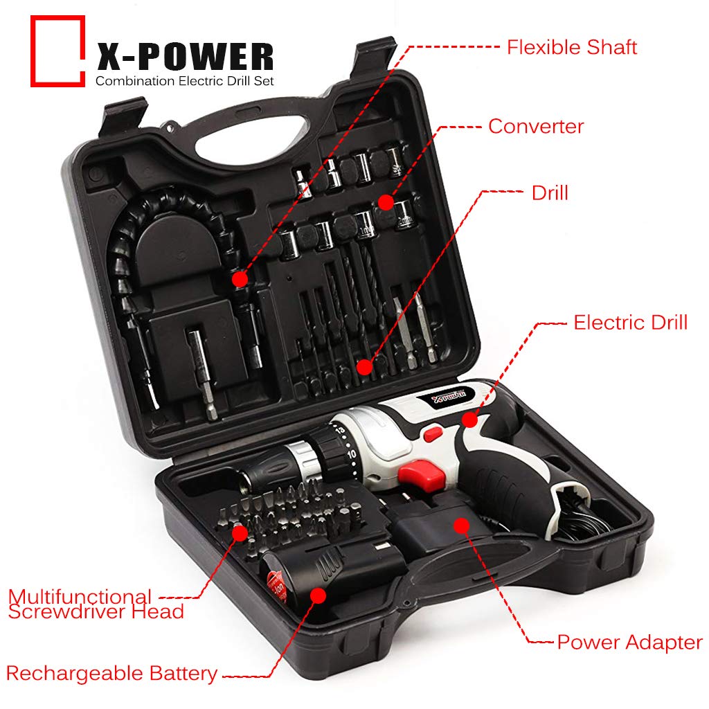 X-Power 12V Brushless Cordless Drill with 1300mAh Lithium Battery & Accessories - Powerful Rechargeable Screwdriver for Home DIY Projects, Woodworking, and Construction Work