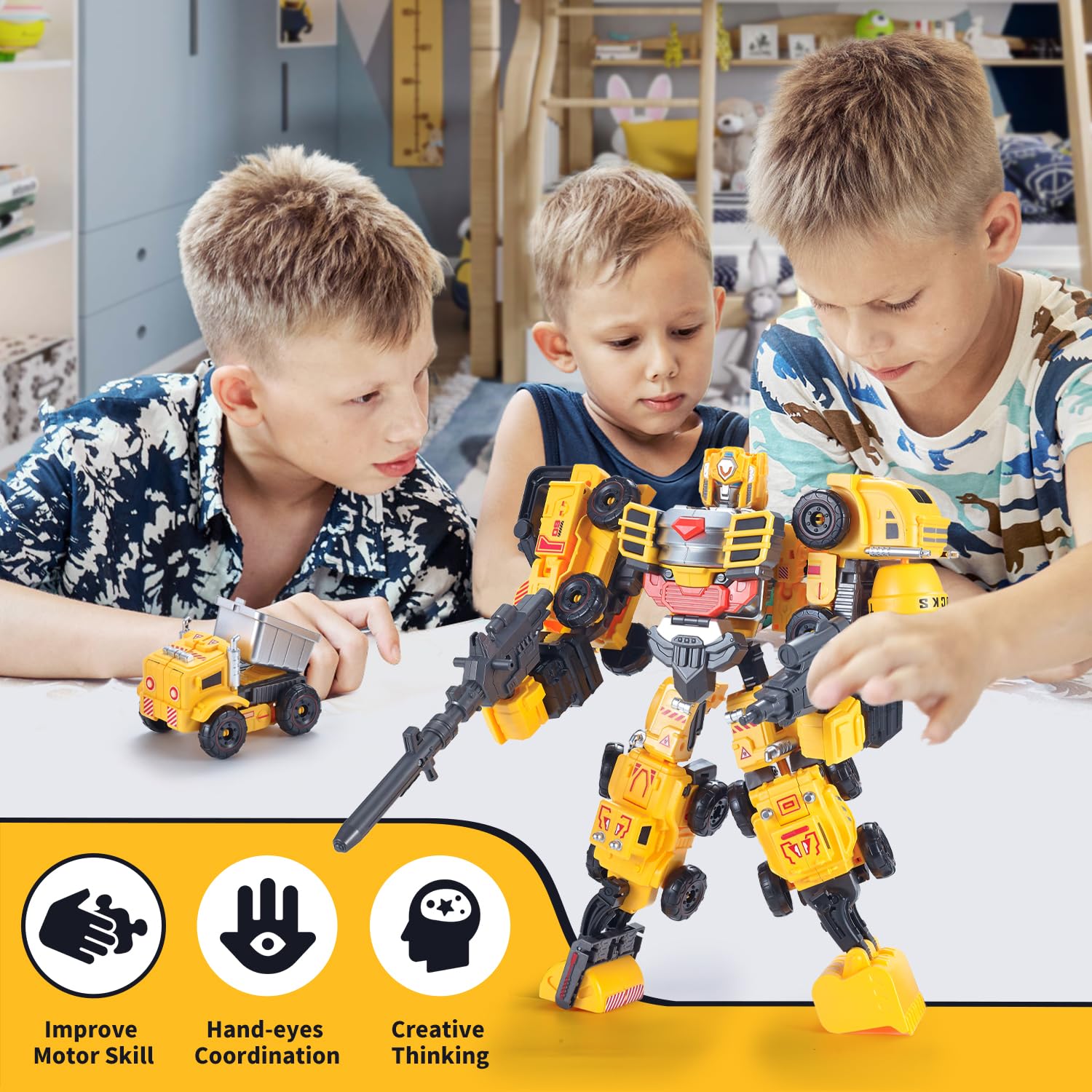 Constructo 5-in-1 Modular Transforming Robot Construction Vehicles Toy Set - STEM Building Toys for Kids Ages 3+ - Perfect for Creative Play, Birthday Gifts & Educational Fun