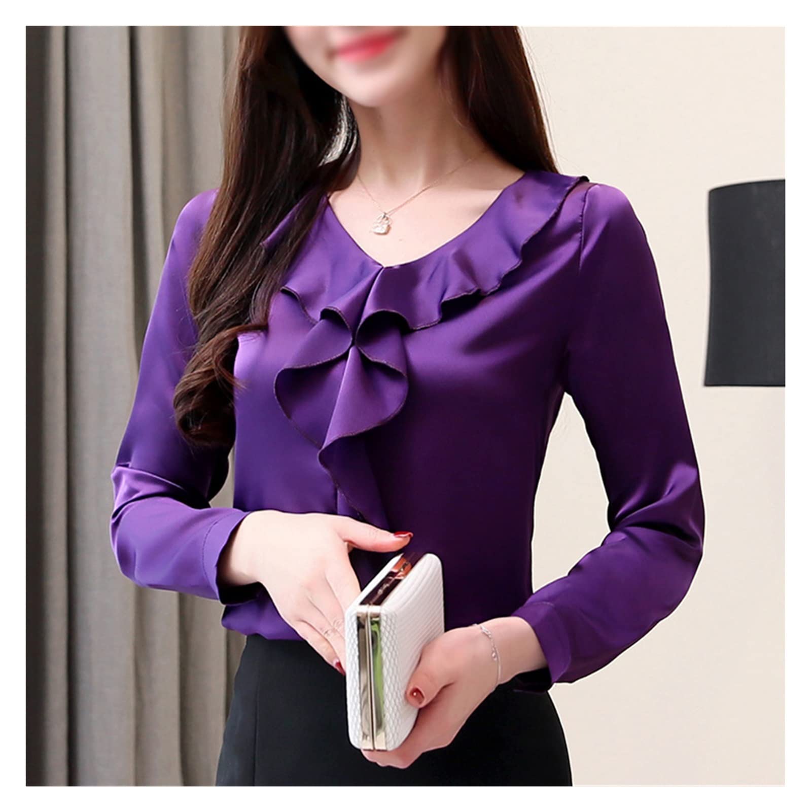 WALNUTA Women's Ruffled V-Neck Chiffon Blouse - Elegant Long Sleeve Shirt Top for Work, Party & Casual Wear | Flowy Office & Evening Outfit