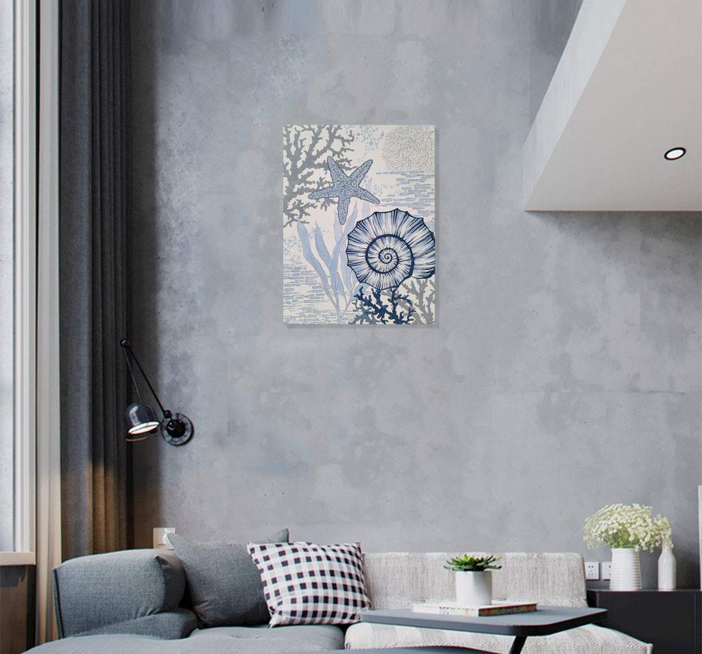 Hand Painted Coastal Canvas Wall Art - Blue and White Sea Shell & Starfish Painting for Living Room, Bedroom, Bathroom Decor | Beach Theme Home Décor, Perfect for Coastal Style Interiors