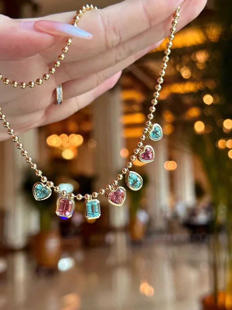 18K Rose Gold Necklace for Women - Romantic & Elegant Real Natural Emerald or Tourmaline Pendant - Perfect for Parties, Weddings & Special Occasions
