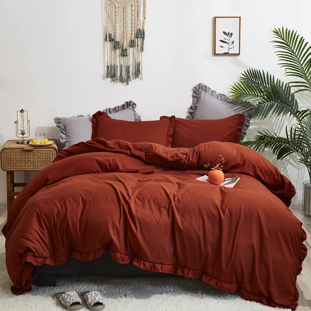 CLOTHKNOW King Size Burnt Orange Boho Comforter Set - 3 Piece Ruffle Terracotta Bedding with Soft Caramel Accents | Rustic Farmhouse Style for Cozy Bedroom Decor
