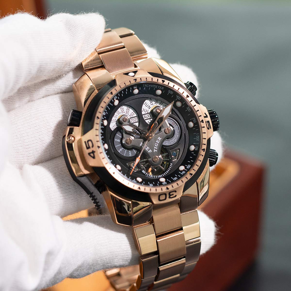 REEF TIGER Luxury Men's Mechanical Watch - Rose Gold Date Day Complicated Bracelet Watch RGA3503 | Perfect for Business, Formal Events & Gift Giving