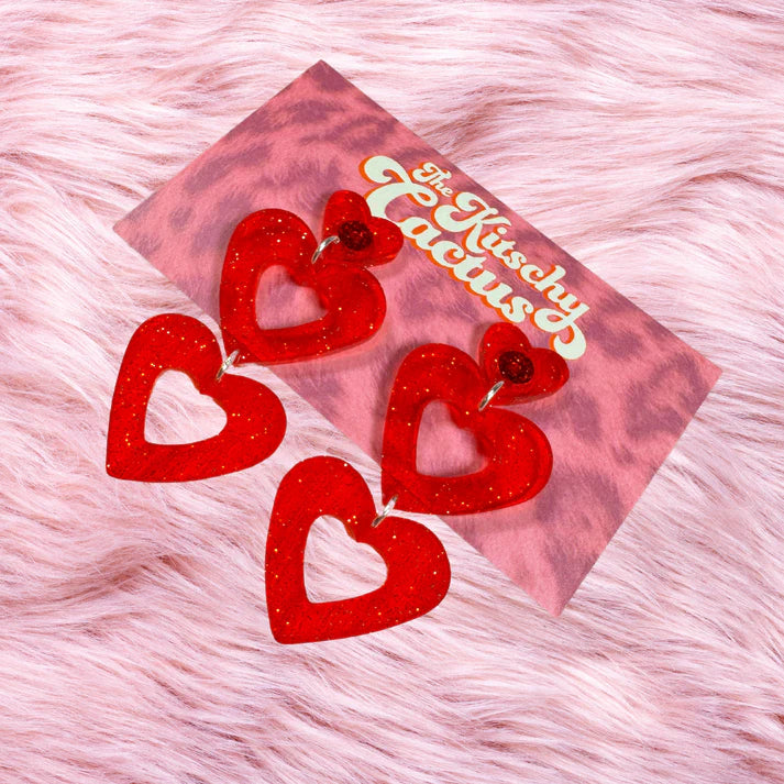 Juicy Red Glitter Heart Dangle Earrings for Women - Valentine's Day Gift, Party Accessories, Romantic Date Night Jewelry