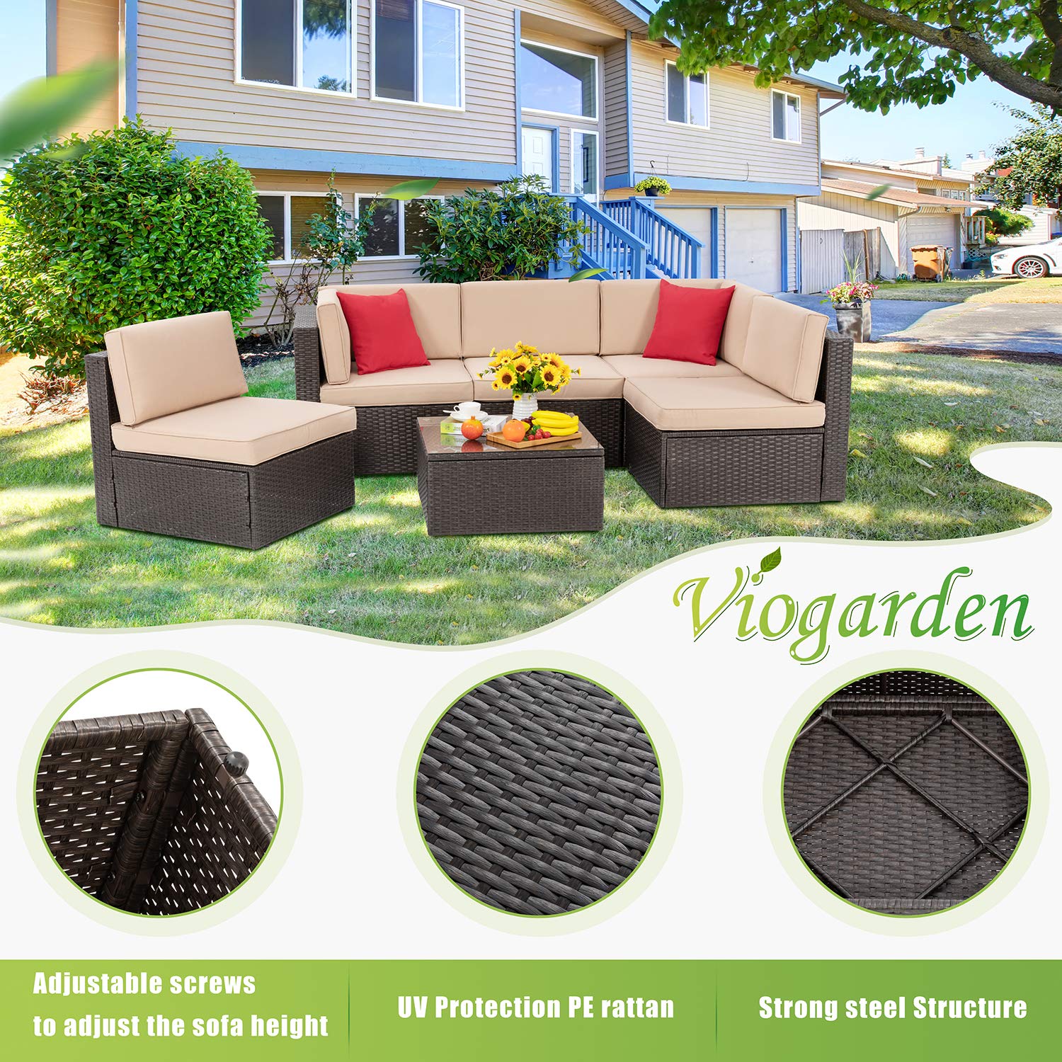 Vongrasig 6-Piece Outdoor Patio Furniture Set - PE Wicker Rattan Sectional Sofa with Coffee Table for Garden, Backyard, Poolside (Beige) | Perfect for Relaxing, Entertaining & Outdoor Gatherings