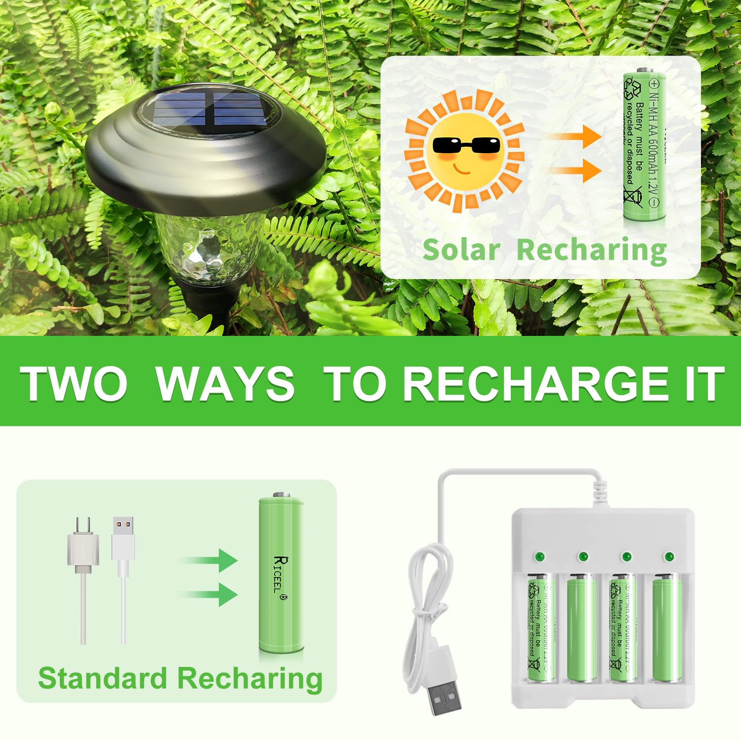 600mAh Rechargeable AA Batteries 1.2V - Solar Lights, Garden Lights & Household Devices - Long Lasting Double A Batteries for Outdoor & Indoor Use