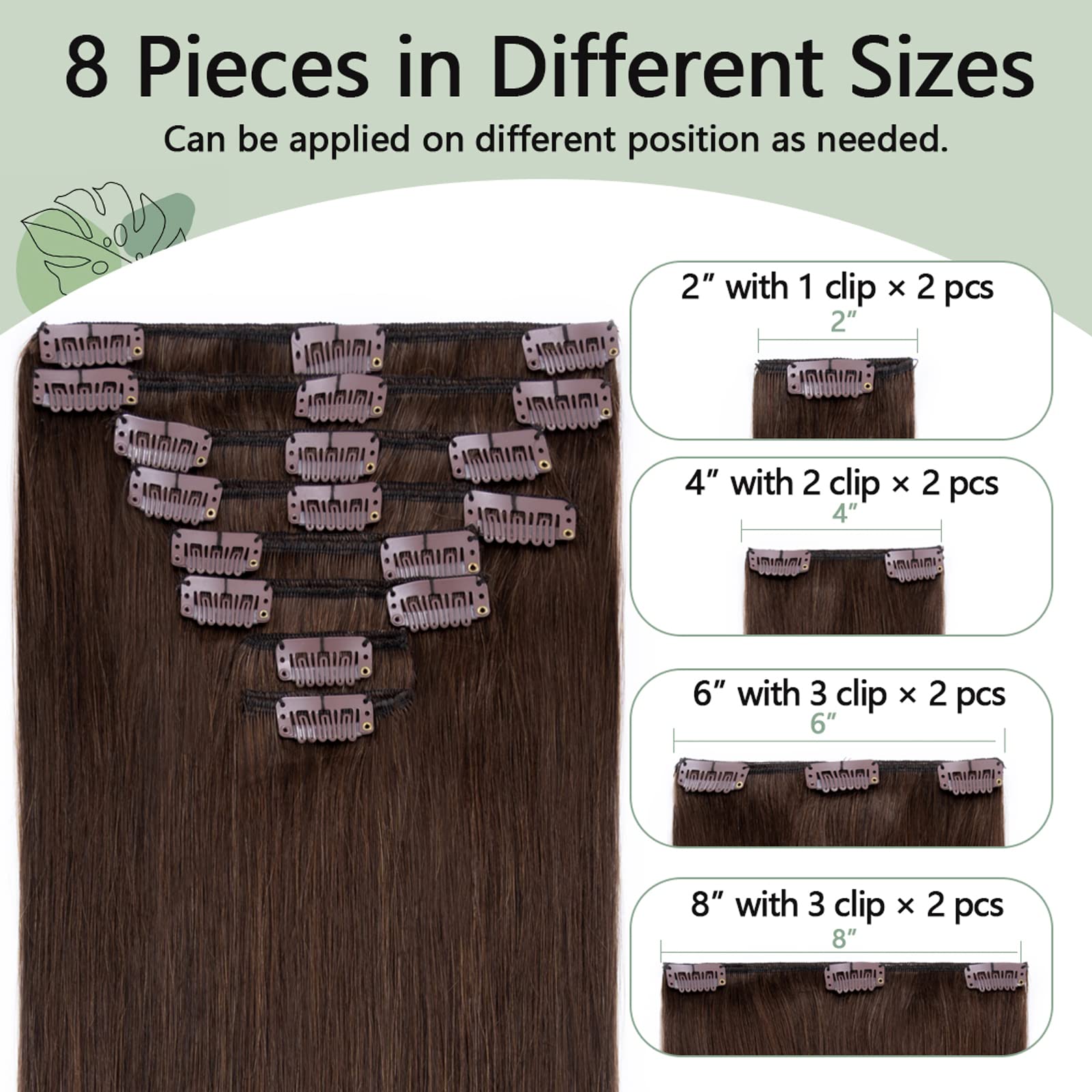 S-noilite Clip-in Human Hair Extensions - 8 Pieces, 18 Clips, 100% Real Human Hair, Silky Straight, 10