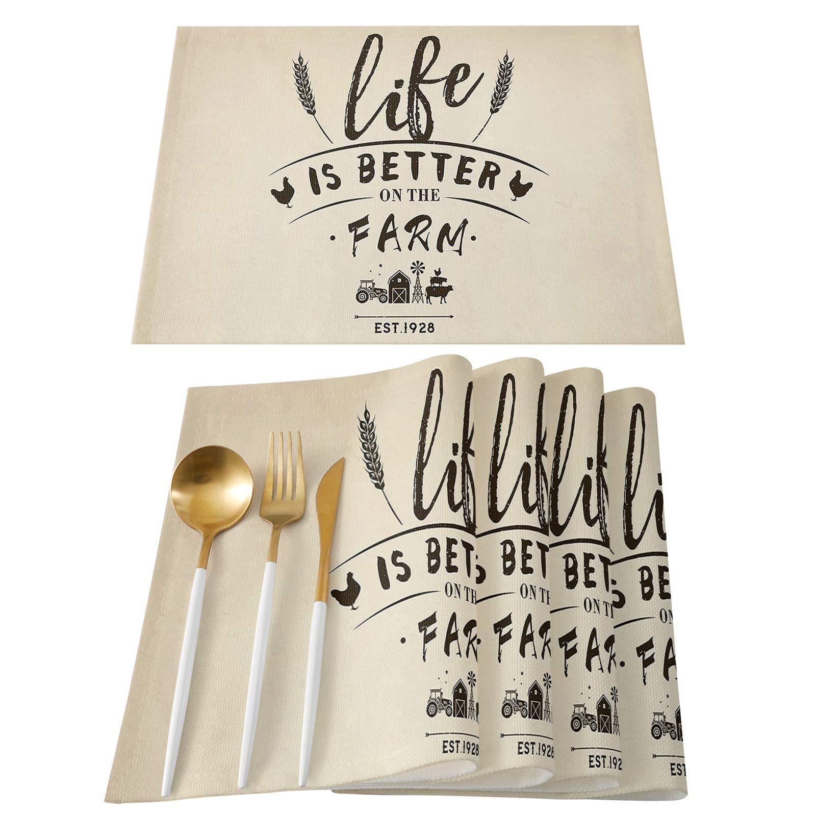 Set of 4 Non-Slip Washable Insulated Placemats - Farmhouse Decor with Vintage Cow Barn, Windmill & Tractor Design for Dining Table, Kitchen & Coffee Table - Perfect for Farmhouse, Country Kitchen & Rustic Home Decor