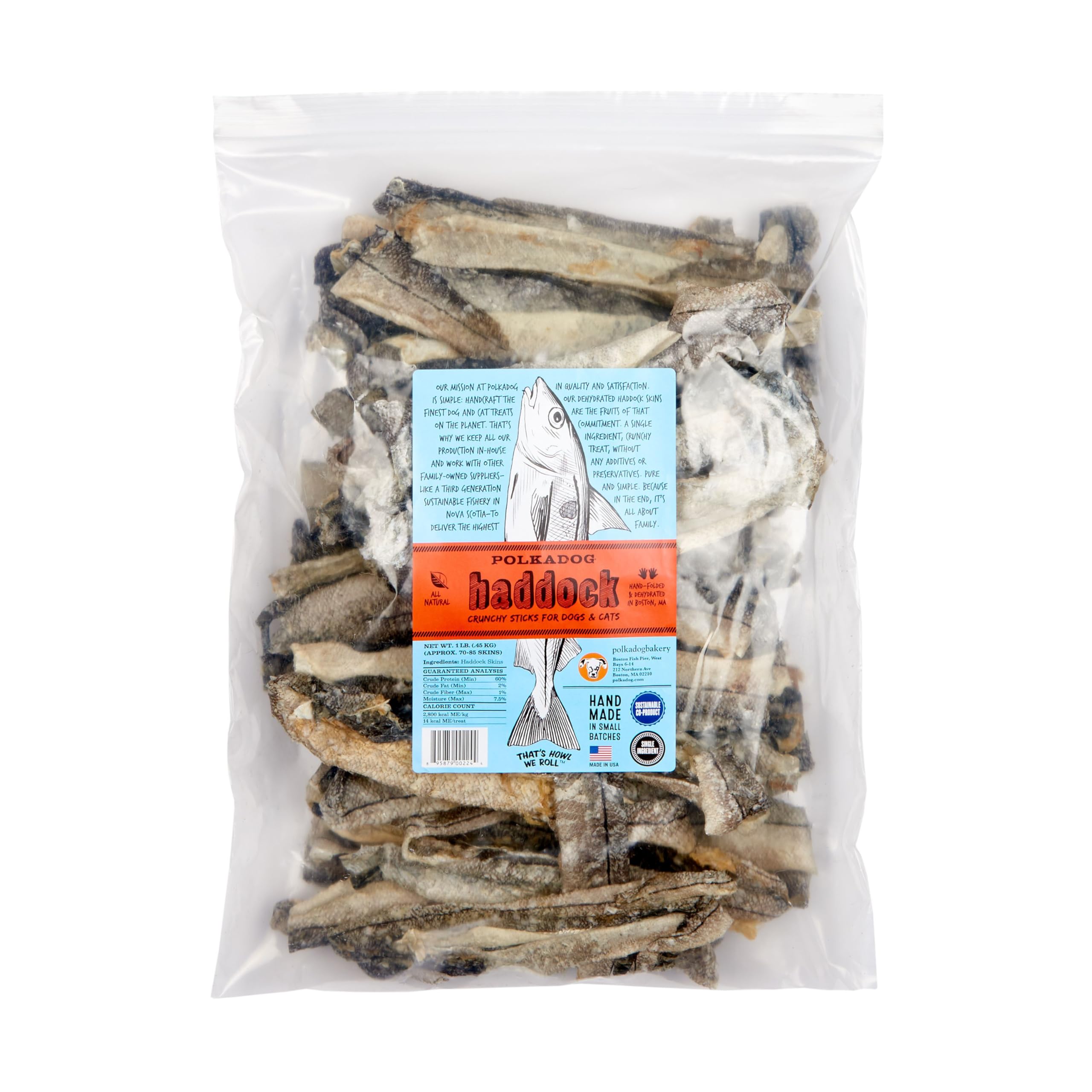 Polkadog Haddock Skins Dog & Cat Treats - All-Natural Crunchy Snacks for Puppies, Dogs & Cats - Sustainable North Atlantic Haddock Skin - 1 lb Bag - Perfect for Training Rewards & Healthy Pet Treats