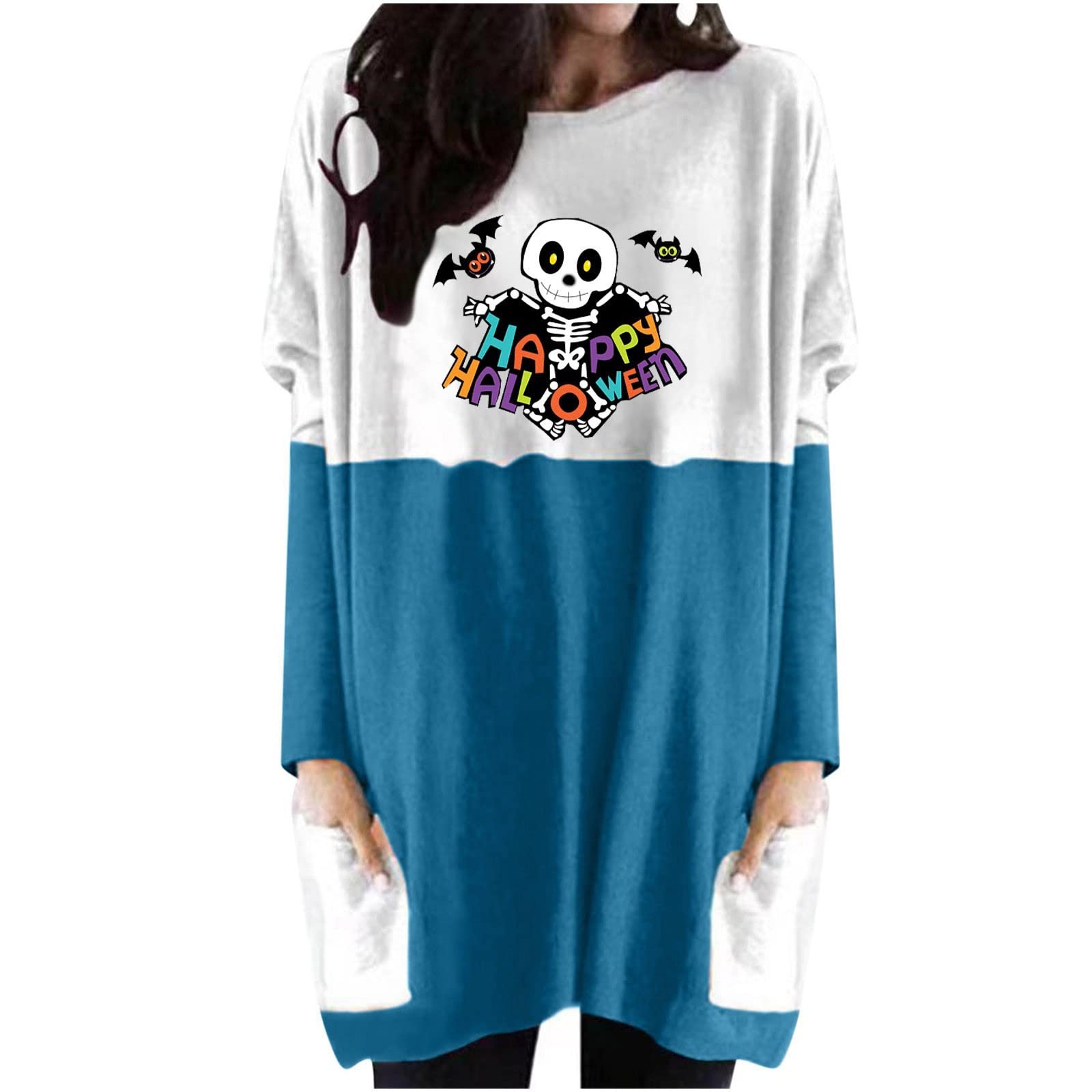 Borniu Women's Halloween Casual Dress with Pockets - Plus Size Loose T-Shirt Dress with Skull Print | Oversized Tunic for Costume Parties, Cosplay & Everyday Wear