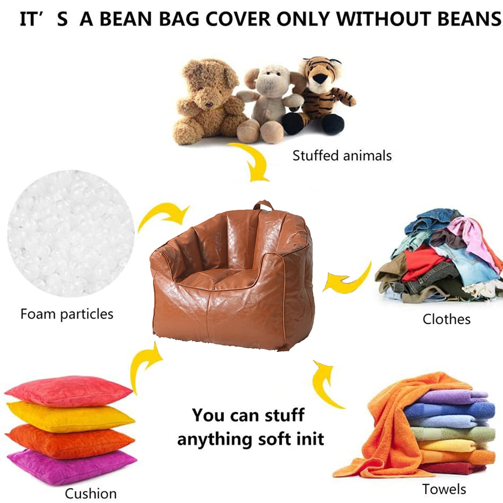 Waterproof PU Leather Bean Bag Chair Cover - No Filling, Gaming & Lounge Accessory for Teens, Adults & Pets - Perfect for Dorm, Living Room, Bedroom & Home Decor (Brown)