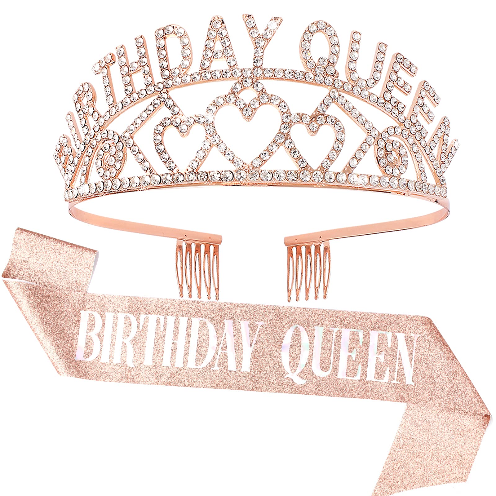 Elegant Rose Gold Rhinestone Tiara & Queen Crown Set with Sash - Birthday Princess Party Decor for Women, Girls - Perfect for Birthday Celebrations, Bridal Showers, and Special Occasions