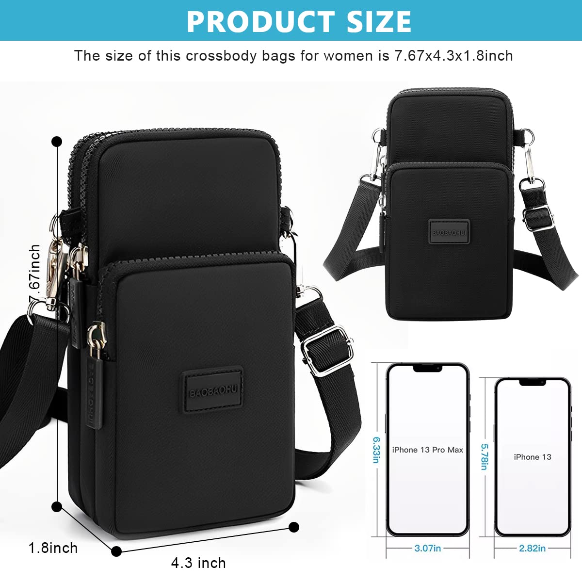 PALAY® Women's Small Crossbody Phone Bag - Adjustable Shoulder Strap Mini Wallet Clutch with Zipper Pouch, Armband Case (Black) - Perfect for Everyday Use, Travel, Shopping & Parties