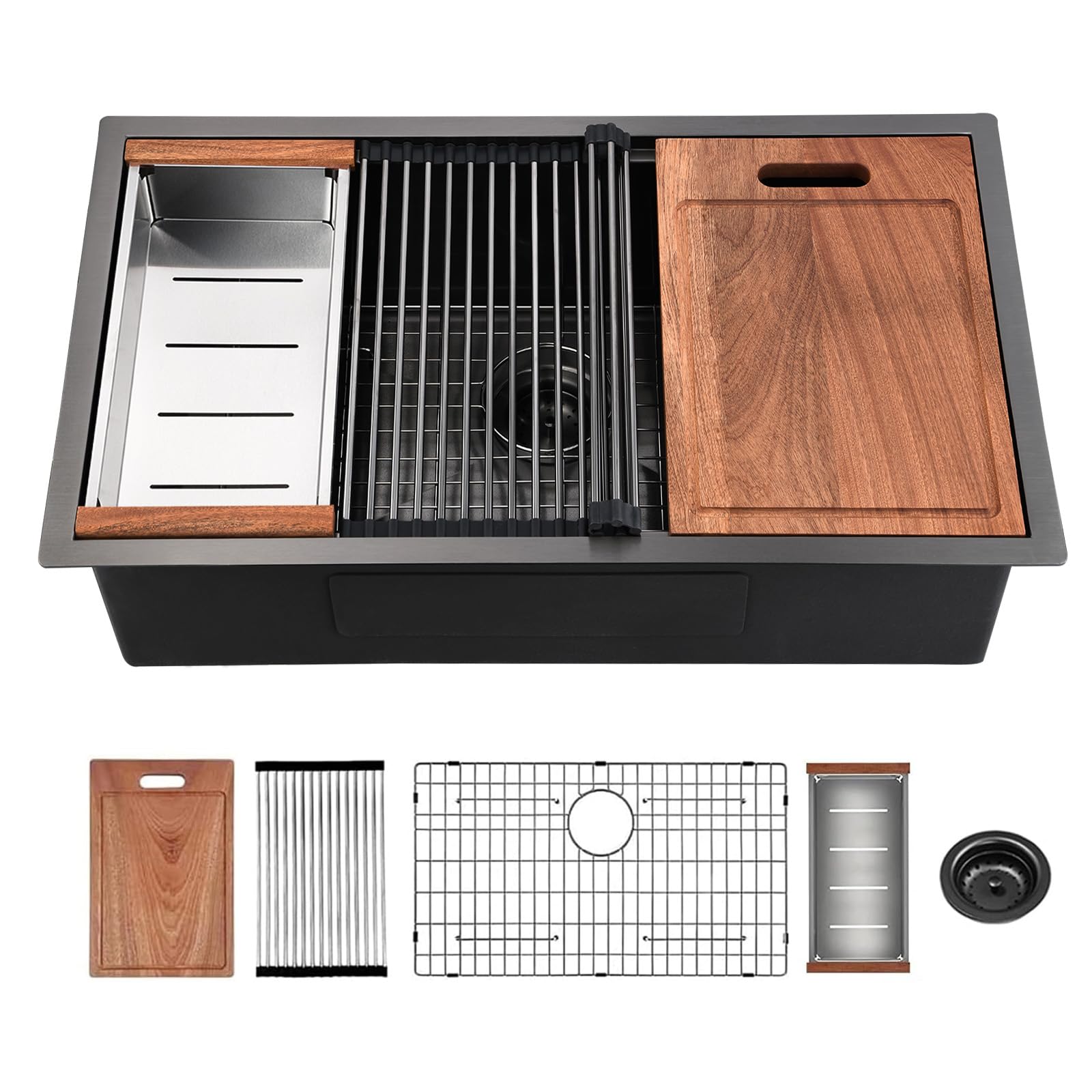 28 Inch Gunmetal Black Stainless Steel Undermount Kitchen Sink - CELAENO 28x19 Handmade 16 Gauge Single Bowl Workstation Sink with Accessories, 10 Inch Deep Modern Farmhouse Sink for Cooking, Washing Dishes and Food Prep