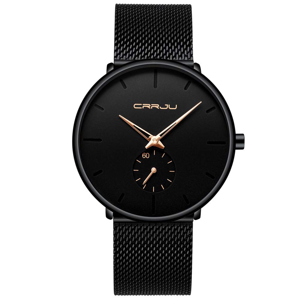 CRRJU Men's Business Slim Analog Quartz Watch with Date Display - Black Dial & Mesh Bracelet Strap - Perfect for Office, Formal Events & Professional Wear