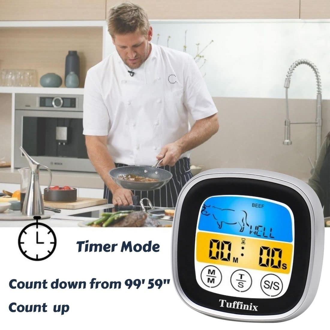 Tuffinix Digital Touchscreen Meat Thermometer - Instant Read Food Thermometer with 40in Probe, Timer & Oven Safe for BBQ, Grilling, Frying, Smoking | Perfect for Kitchen, Outdoor Cooking & Professional Chefs