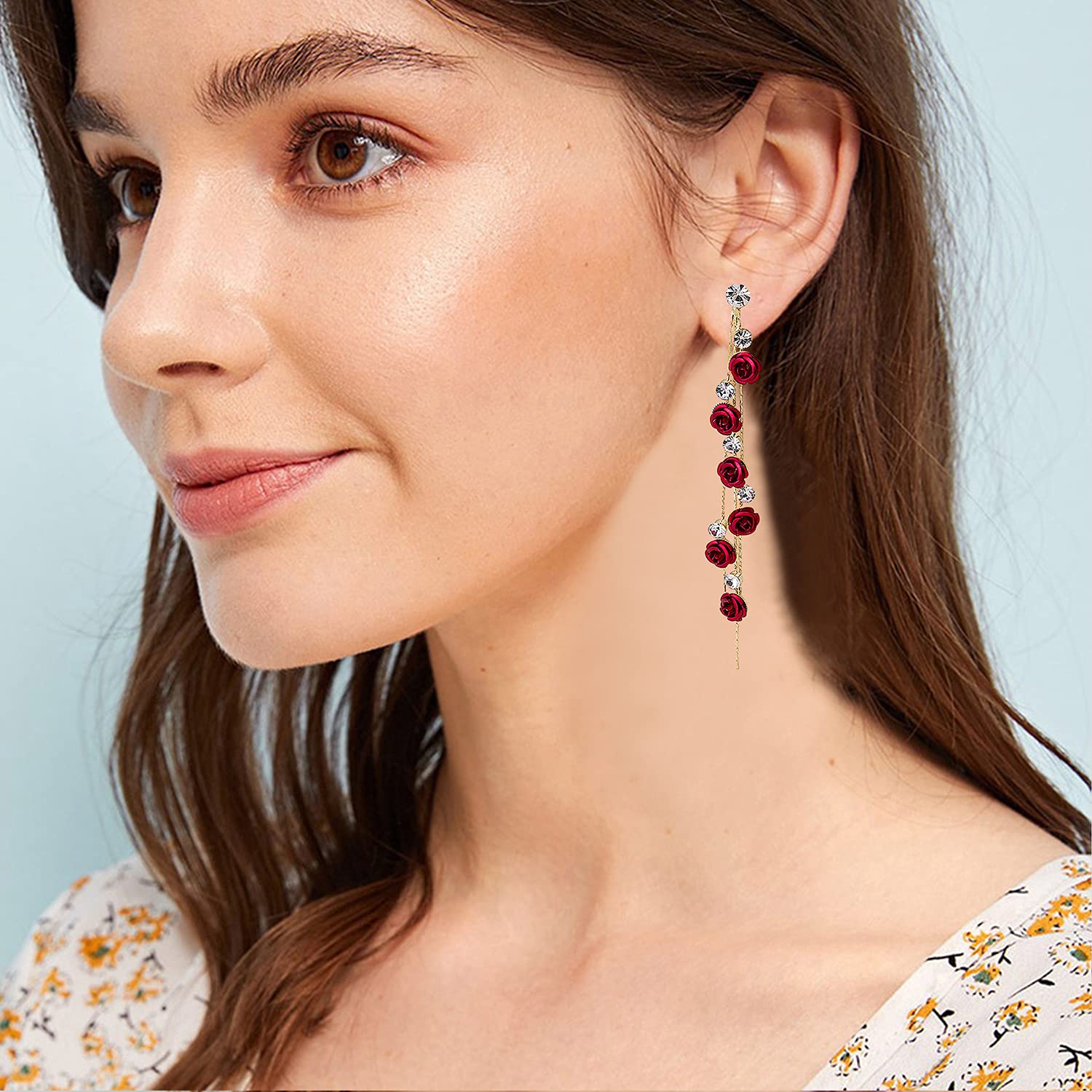 3D Rose Flower Crystal Long Tassel Drop Earrings for Women - CZ Rhinestone Rose Fashion Jewelry in Purple & Red - Elegant Dangle Earrings for Weddings, Parties, Date Nights & Special Occasions