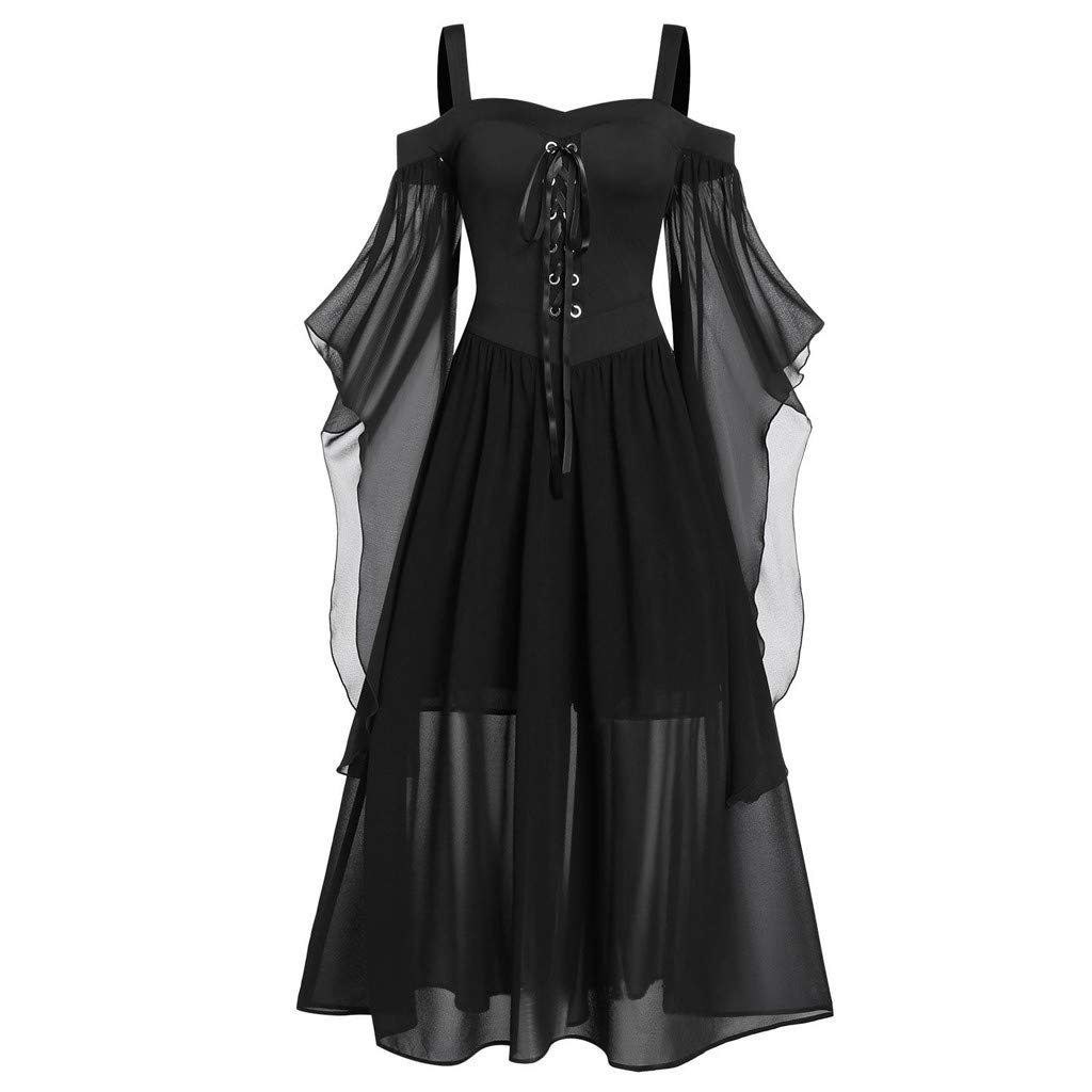Women's Plus Size Cold Shoulder Butterfly Sleeve Lace Up Halloween Party Dress - Comfortable Gothic Elegant Dress for Costume Parties, Cosplay & Special Occasions