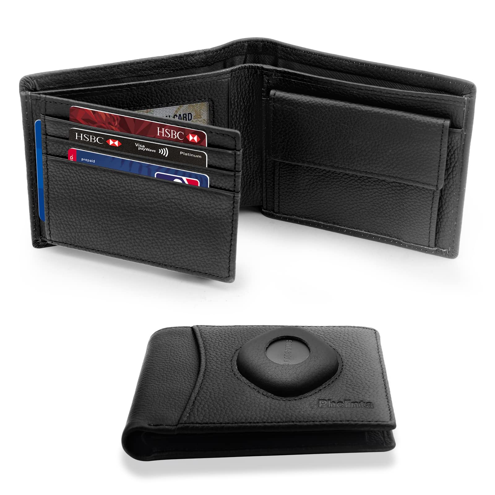 Premium Men's Leather Wallet for Samsung Smart Tag Plus/Smart Tag - RFID Blocking, Genuine Leather, Compatible with Galaxy SmartTag+/SmartTag - Black - Perfect for Travel, Business & Everyday Use