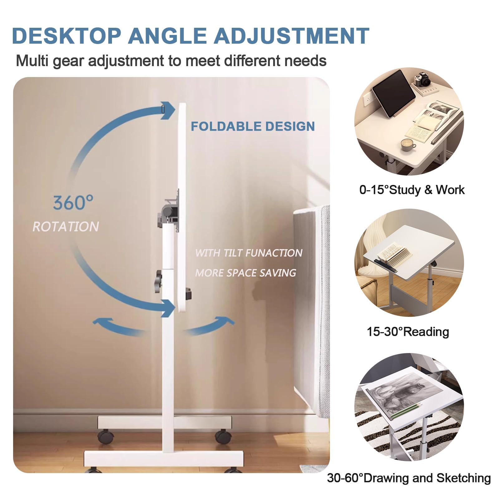 Adjustable Height Small Standing Desk - 31.5 Inch Folding Computer Desk for Home Office | Portable Laptop Desk with Wheels | Space-Saving Rolling Desk for Small Spaces (White, 31.5