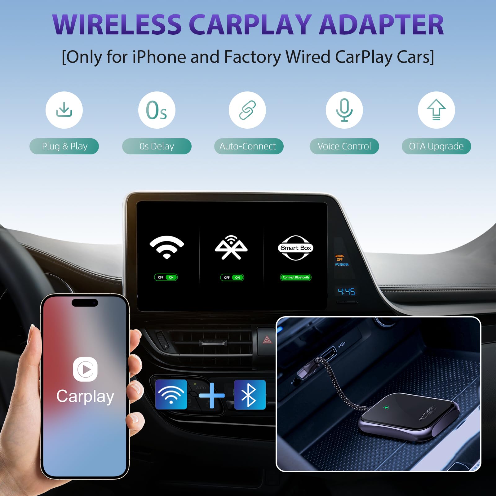 2024 Wireless CarPlay Adapter - Convert Wired to Wireless for iPhone | Plug & Play Apple CarPlay Dongle | Bluetooth Car Adapter for 2016+ Vehicles & iOS 10+ | Black | Perfect for Commuting & Road Trips