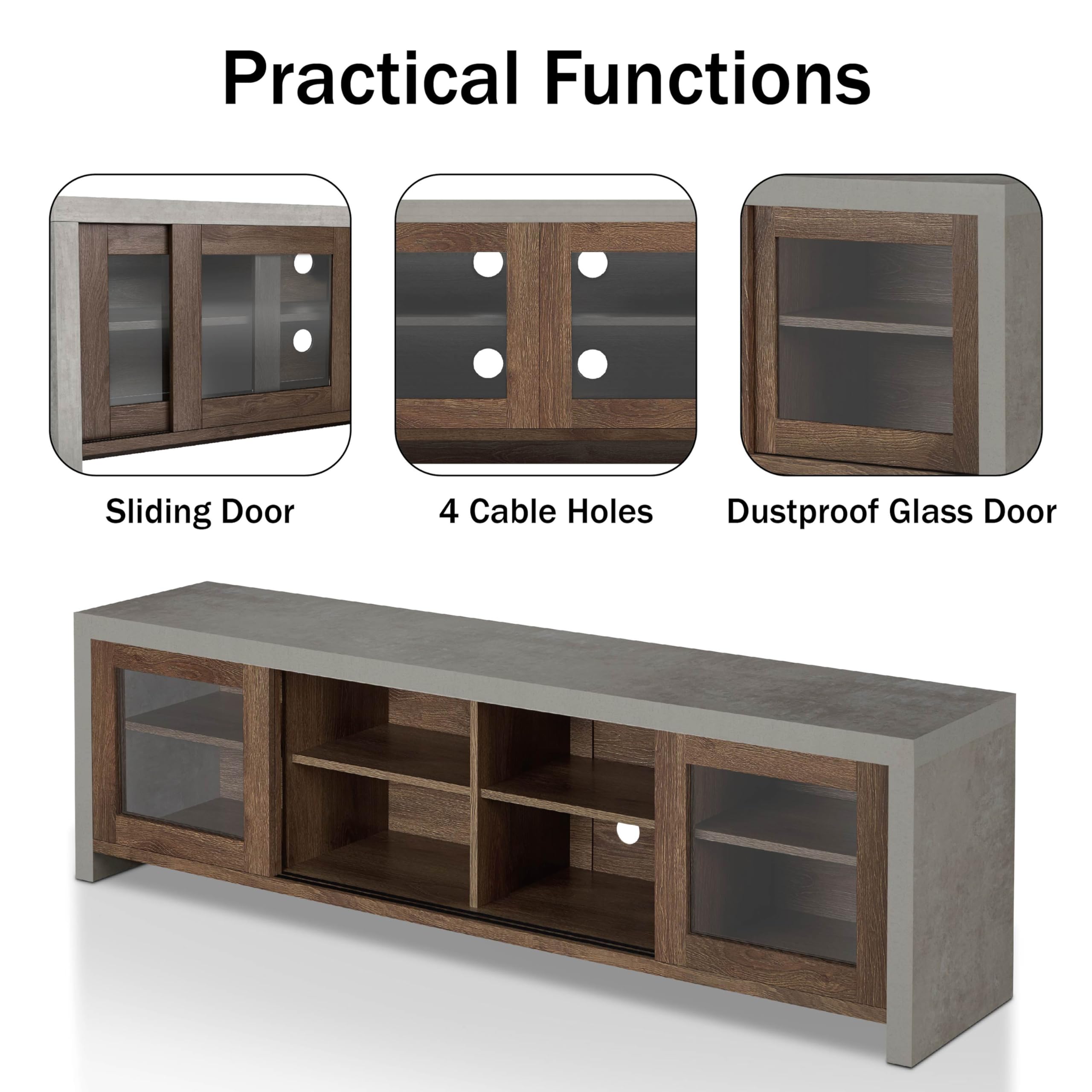 Modern Sliding Glass Door TV Stand - Black & Cement Finish - 24/7 Shop at Home Nouel - Perfect for Living Room, Bedroom & Home Theater Setup