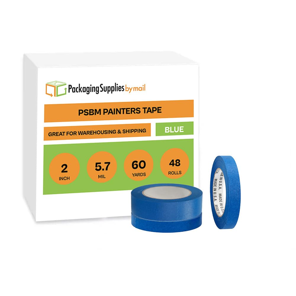 PSBM Blue Painters Tape 2 Inch x 60 Yards - 48 Pack Bulk Multipack - Easy Tear Masking Tape for Walls, Wood, Glass & Multi-Surface Use - Perfect for Painting, DIY Projects & Home Improvement