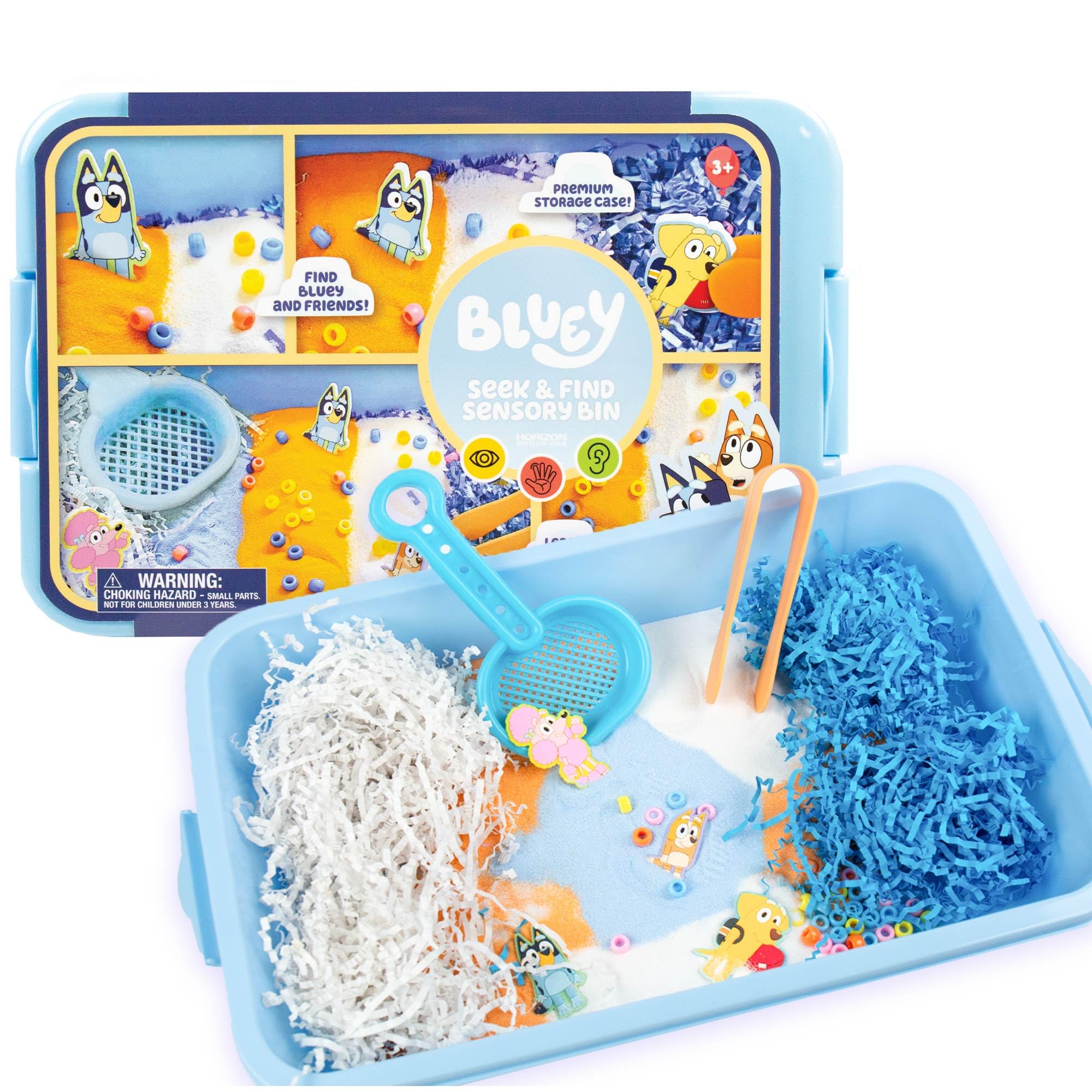 Official Bluey Seek & Find Sensory Bin - Ready-to-Use Sensory Toys for Kids Ages 3-4 with Lid, Play Sand, Scoops & Tongs | Exclusive Bluey Character Toys | Perfect for Preschool Learning, Fine Motor Skills Development & Sensory Play Activities at Home or Classroom
