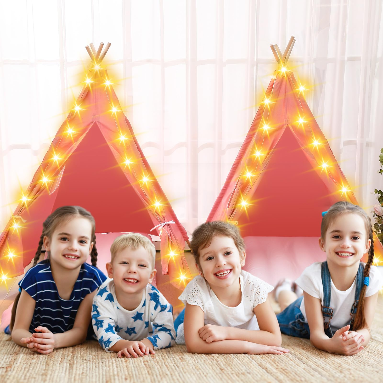 4 Pack Kids Teepee Tent for Sleepovers - Includes Mattress, Fitted Sheet & Fairy Lights | Washable Cotton Play Tent for Girls Birthday Parties, Movie Nights & Indoor Camping (Pink) - Perfect for Sleepovers, Playdates & Imaginative Play