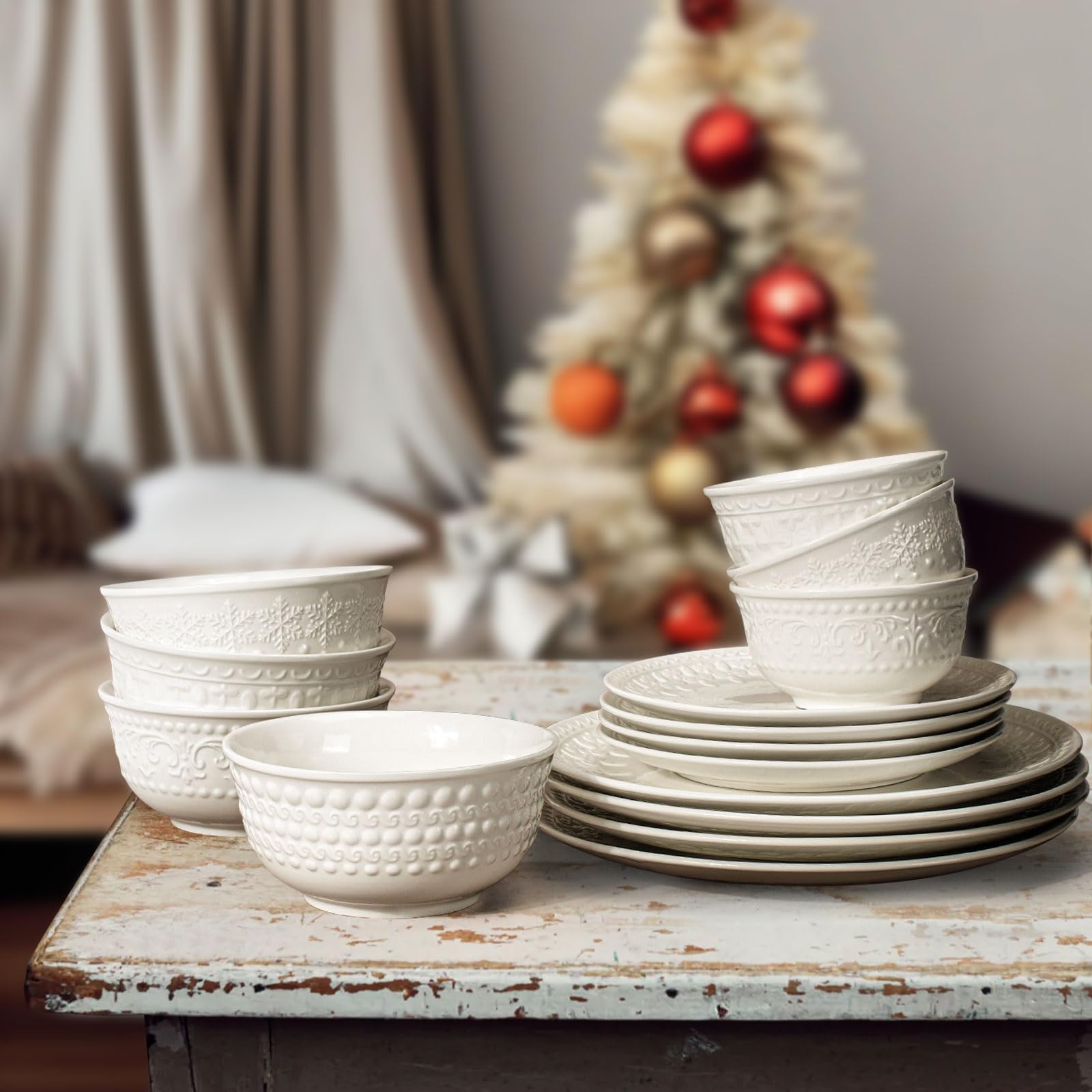4-Piece Ceramic Salad Plates Set - 8.25 Inch Modern White Embossed Appetizer & Dessert Plates - Microwave, Oven & Dishwasher Safe Small Dinnerware (Snowflake Design) - Perfect for Parties, Restaurants & Everyday Dining
