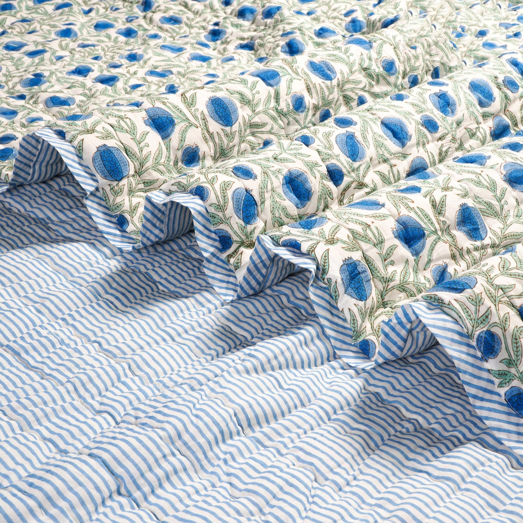Ridhi Block Print Reversible Queen Size Throw Blanket - 100% Cotton Blue & Sage Quilted Cover for Bed & Couch - Luxury Oversized 90