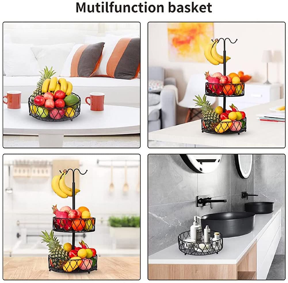 2 Tier Metal Wire Fruit Basket with Banana Hanger - Countertop Kitchen Organizer for Fruits & Vegetables - Detachable Storage Stand for Bananas, Apples, Oranges - Perfect for Kitchen Counter, Pantry, or Dining Table Display