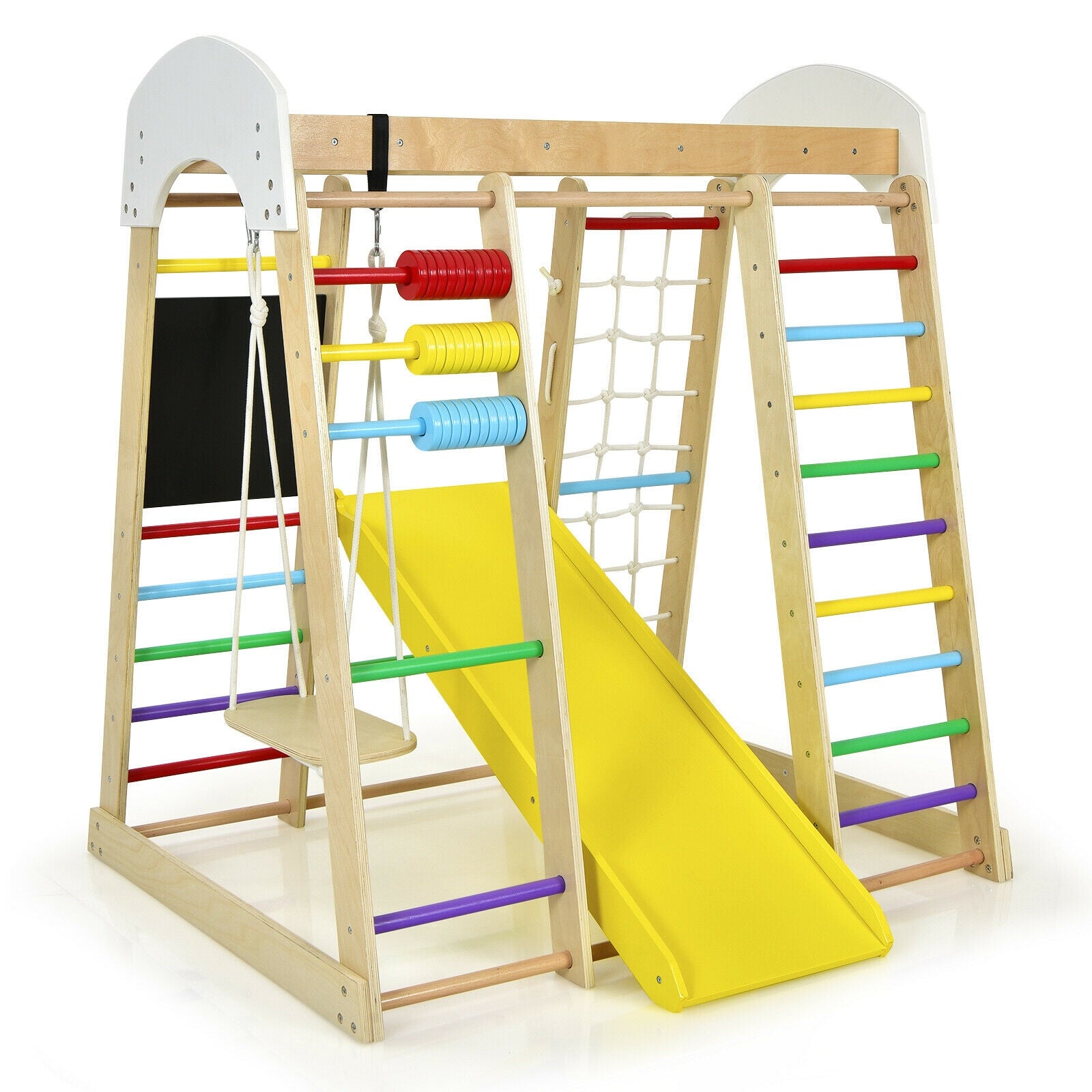 8-in-1 Multicolor Wooden Climbing Gym Playset for Kids - Indoor Playground Equipment for Toddlers & Children - Perfect for Home Playrooms, Daycares, and Preschools