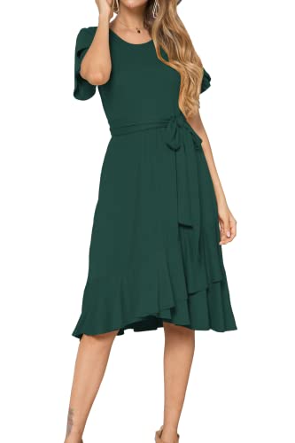Levaca Women's Plain Casual Flowy Short Sleeve Midi Dress with Belt - Summer Beach, Vacation & Everyday Wear