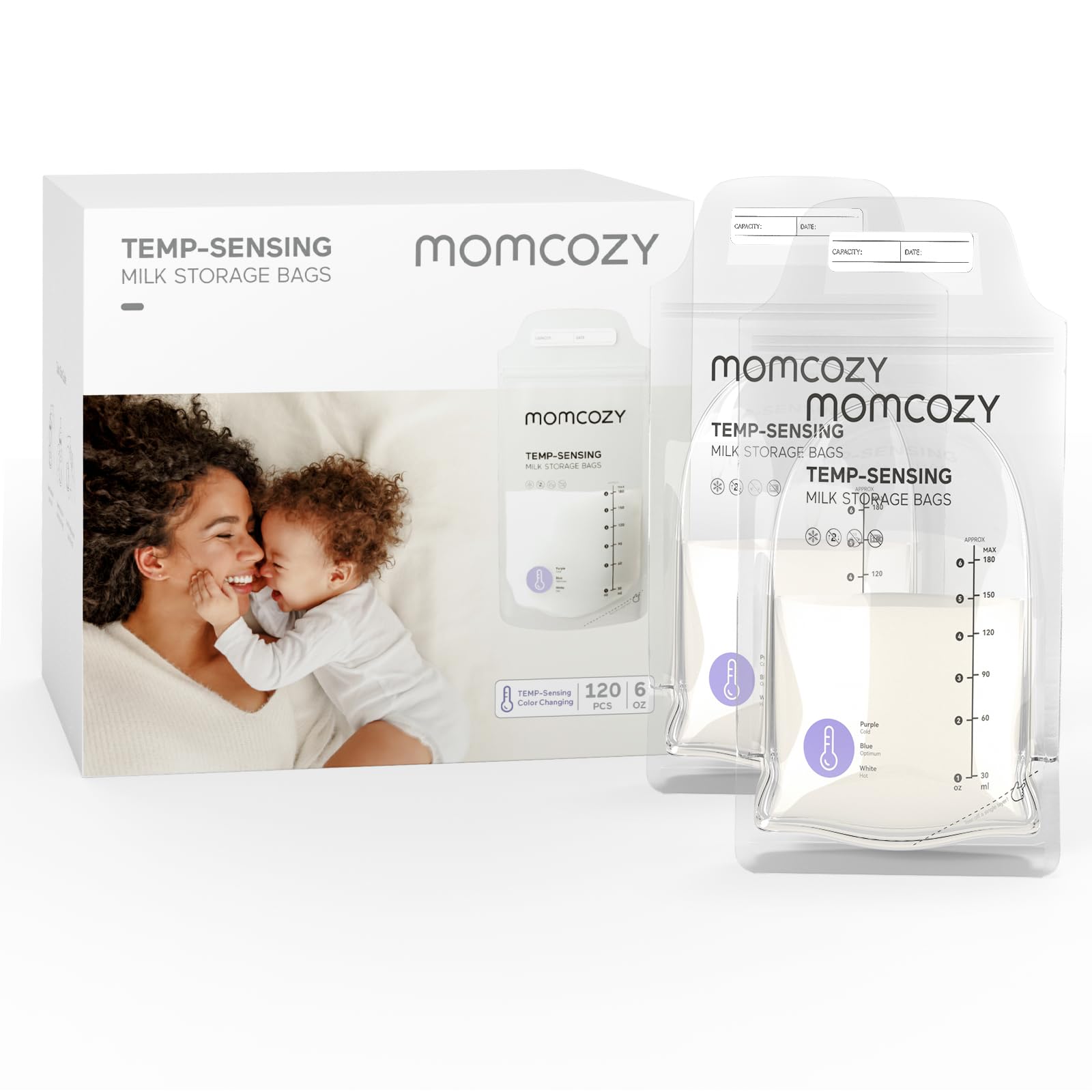 Momcozy Breastmilk Storage Bags - 120PCS, 6oz Self-Standing, Leak-Proof, Temp-Sensing Disposable Milk Freezer Bags for Breastfeeding Moms | Perfect for Travel, Work & Nighttime Pumping