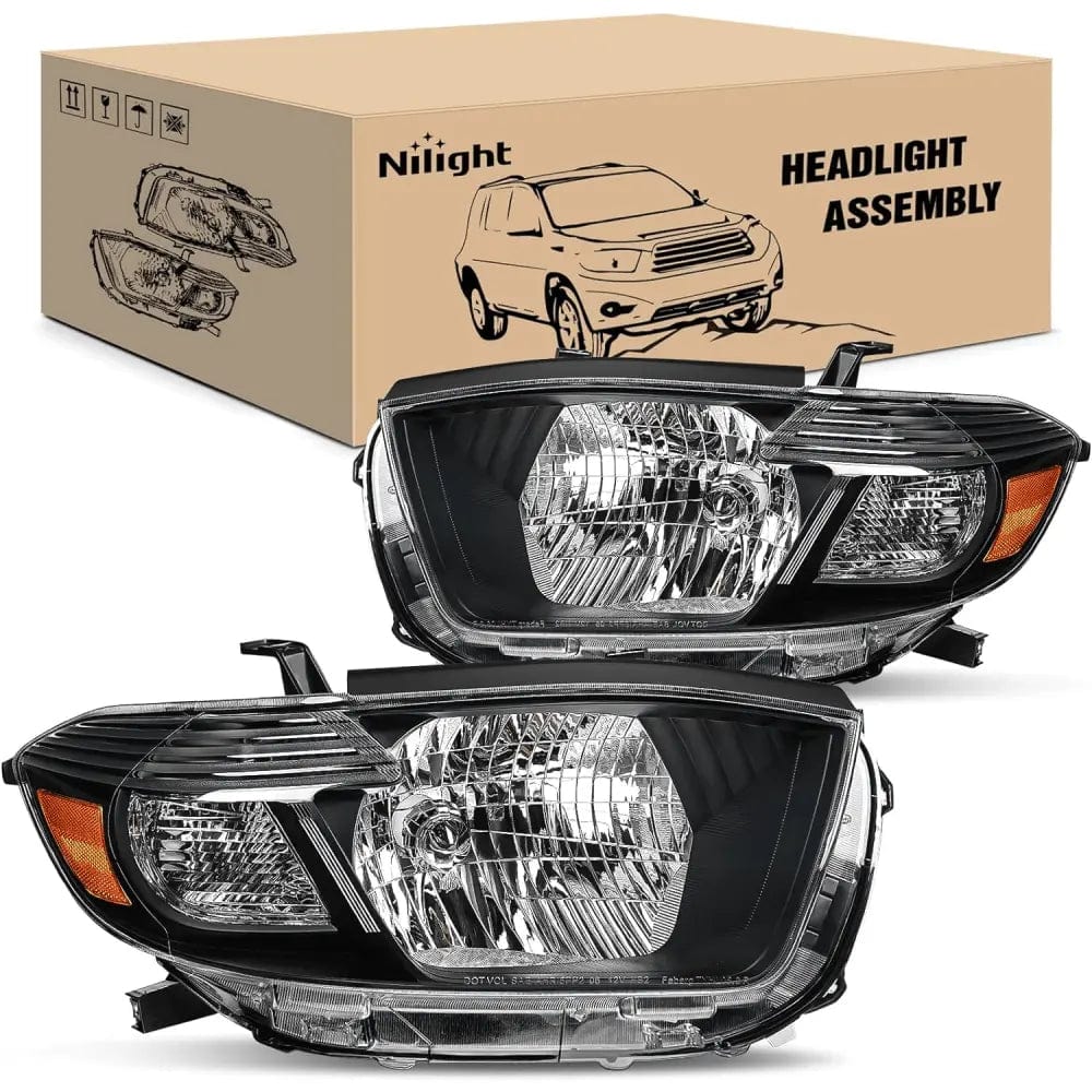 2008-2010 Toyota Highlander Headlight Assembly - Black Housing with Amber Reflector - Replacement for Foggy/Broken Lights - Perfect for Night Driving & Off-Road Use