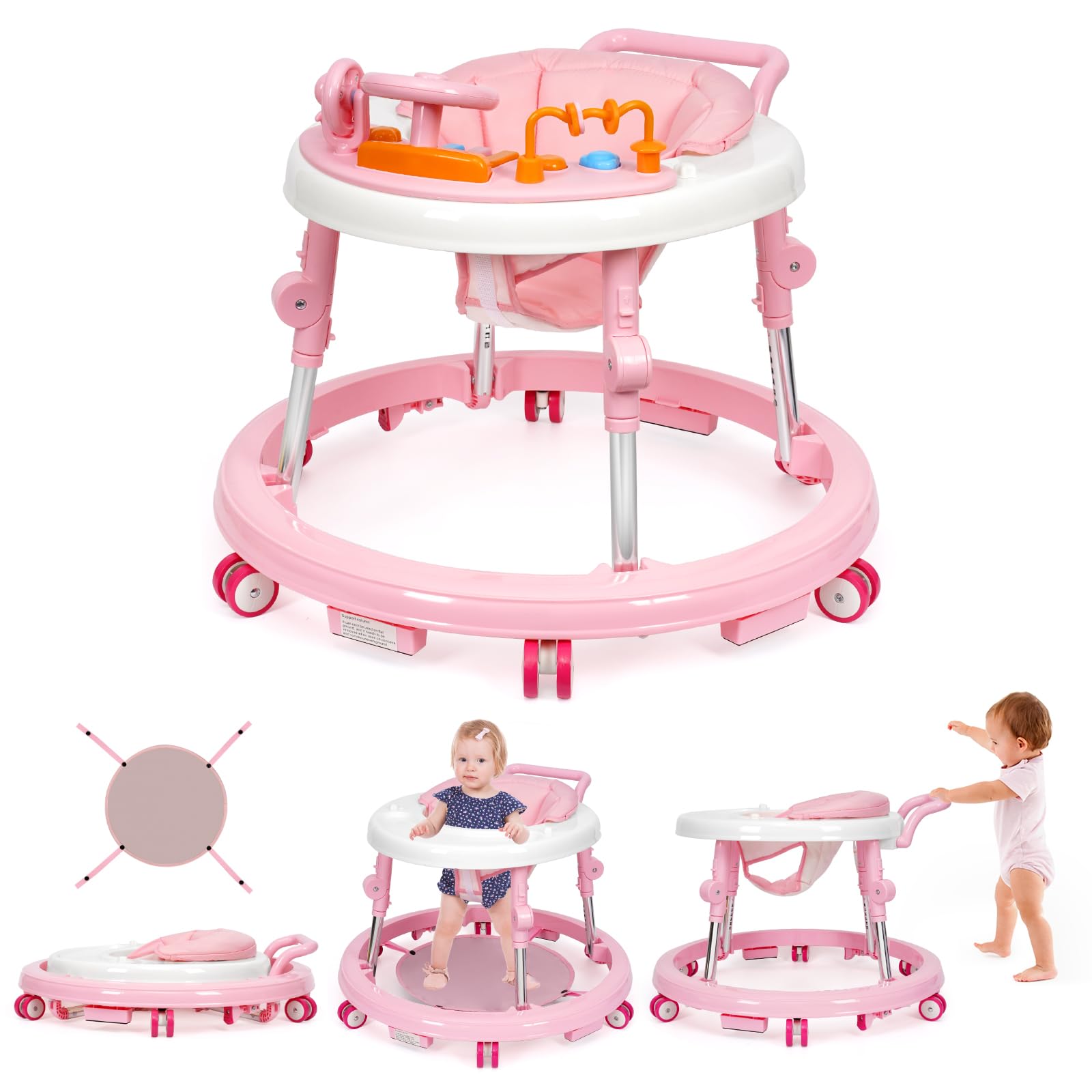 Foldable Music & Lights Baby Walker with 9 Adjustable Heights - Portable Wheeled Activity Center for Boys & Girls 7-18 Months (Pink) - Perfect for Learning to Walk & Indoor Playtime